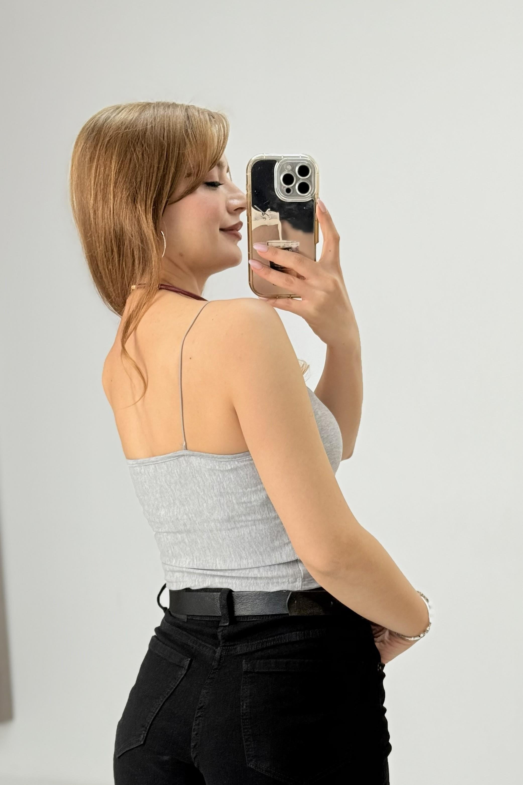 Kadın İp Askılı Crop Bluz Gri