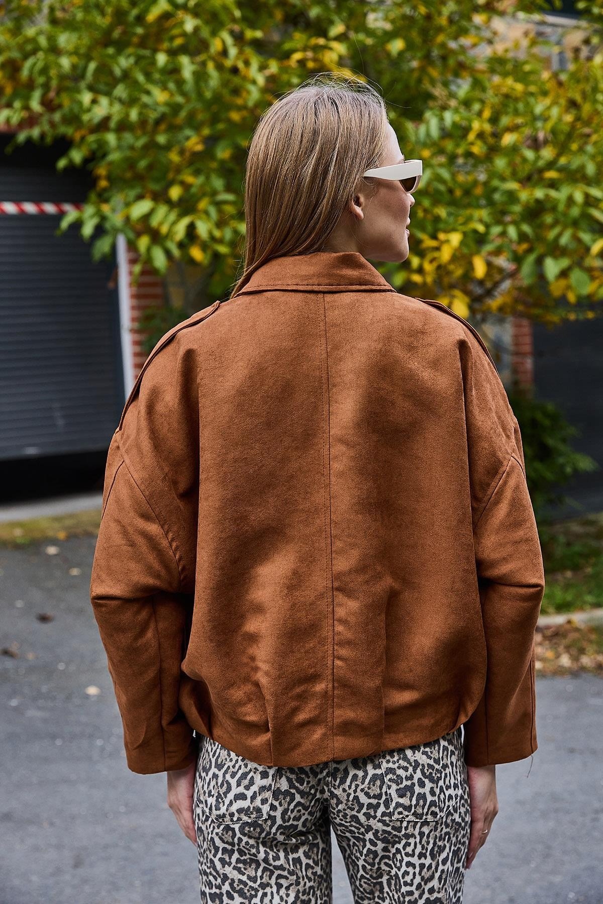 Kadın Kadife Kumaş Oversize Salaş Mont Taba