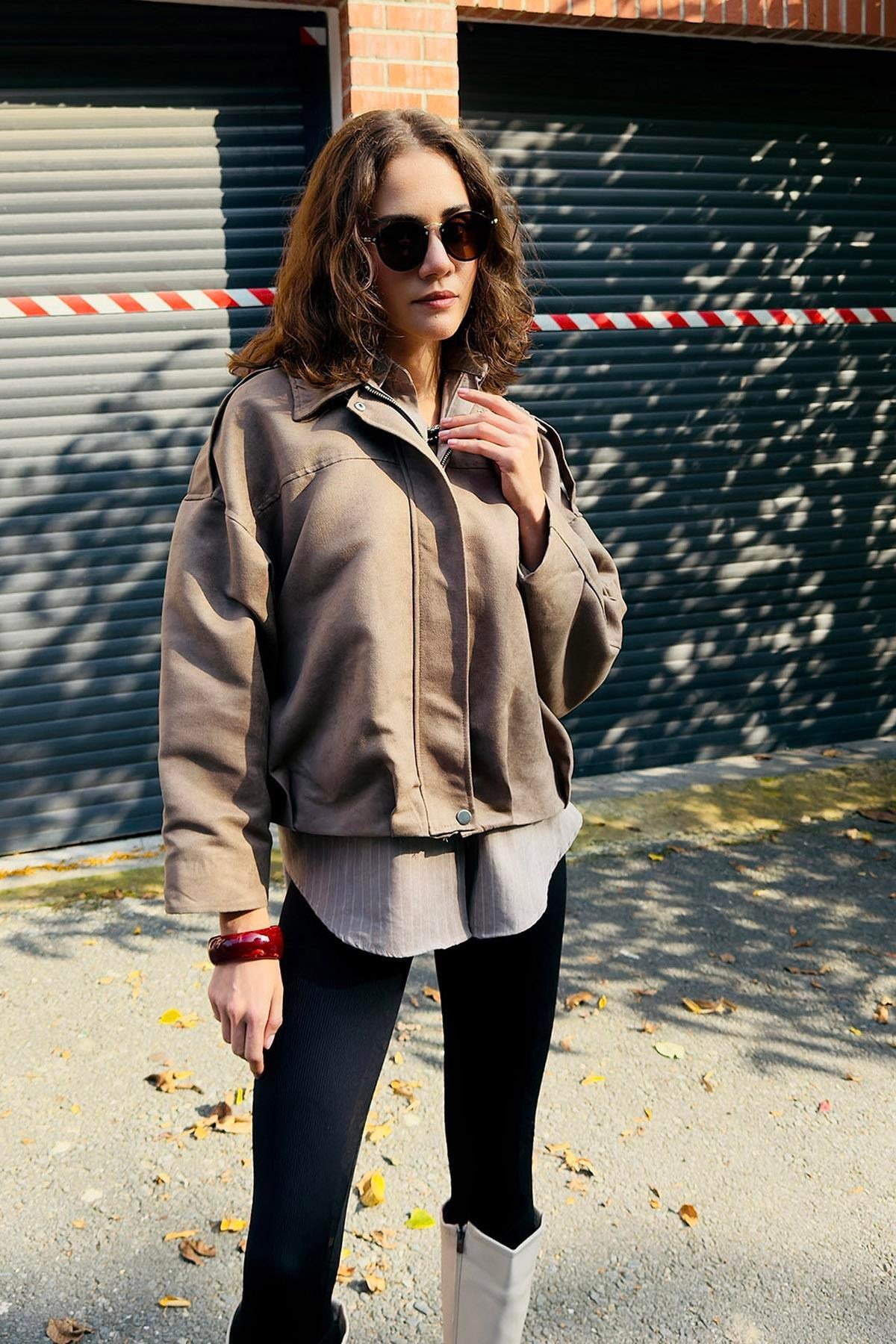 Kadın Kadife Kumaş Oversize Salaş Mont Vizon