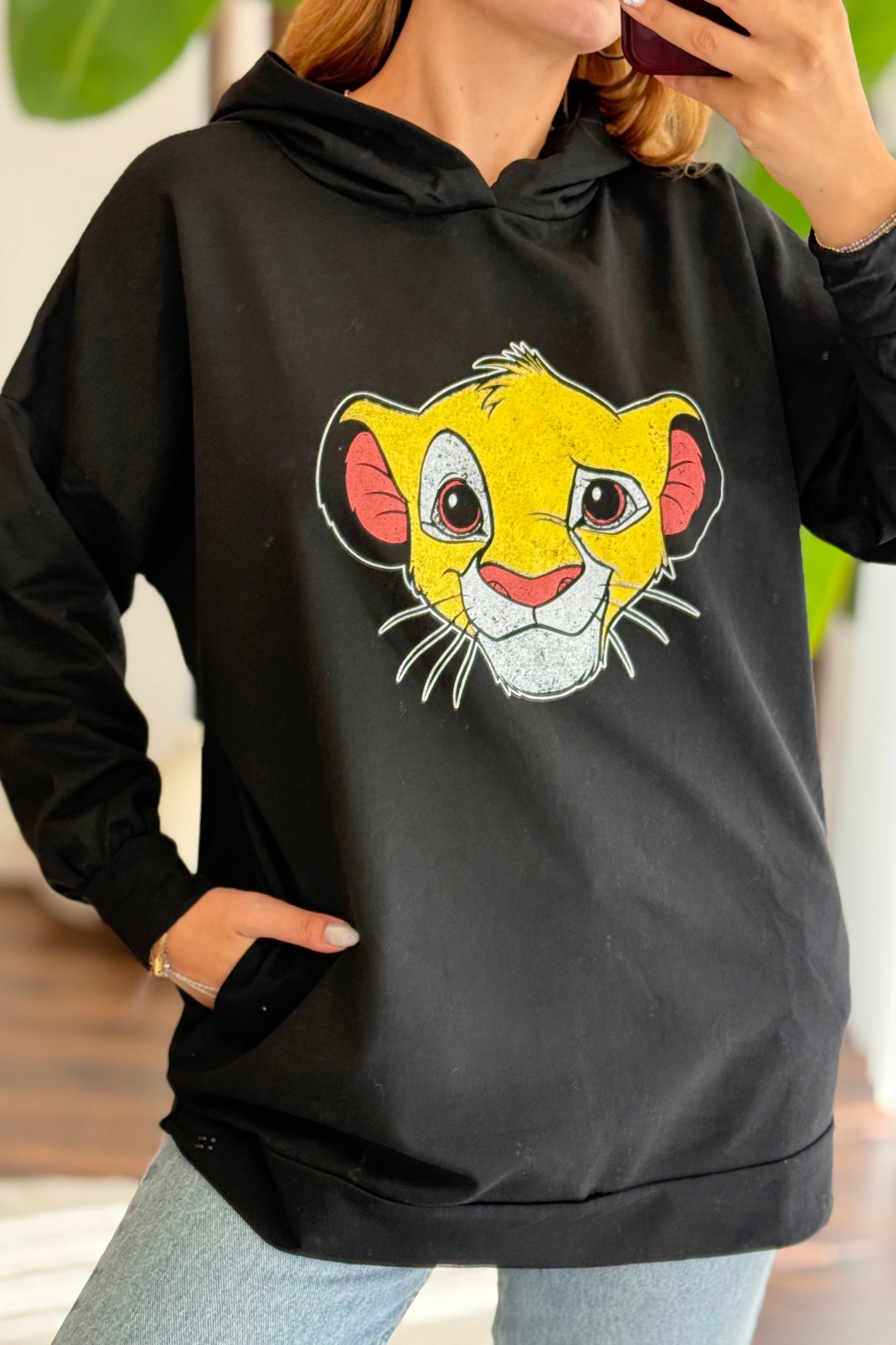 Kadın Kapüşonlu Baskılı Oversize Sweatshirt Siyah