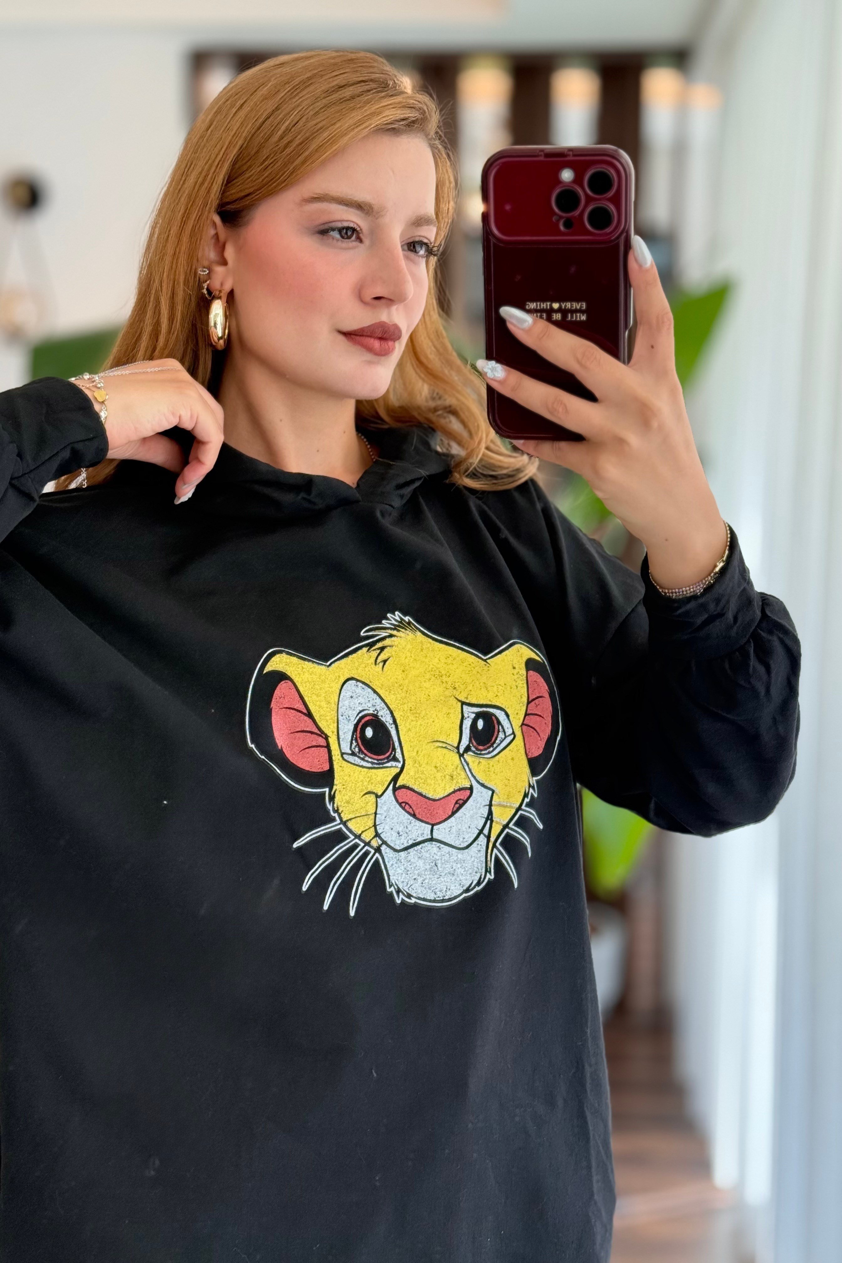 Kadın Kapüşonlu Baskılı Oversize Sweatshirt Siyah