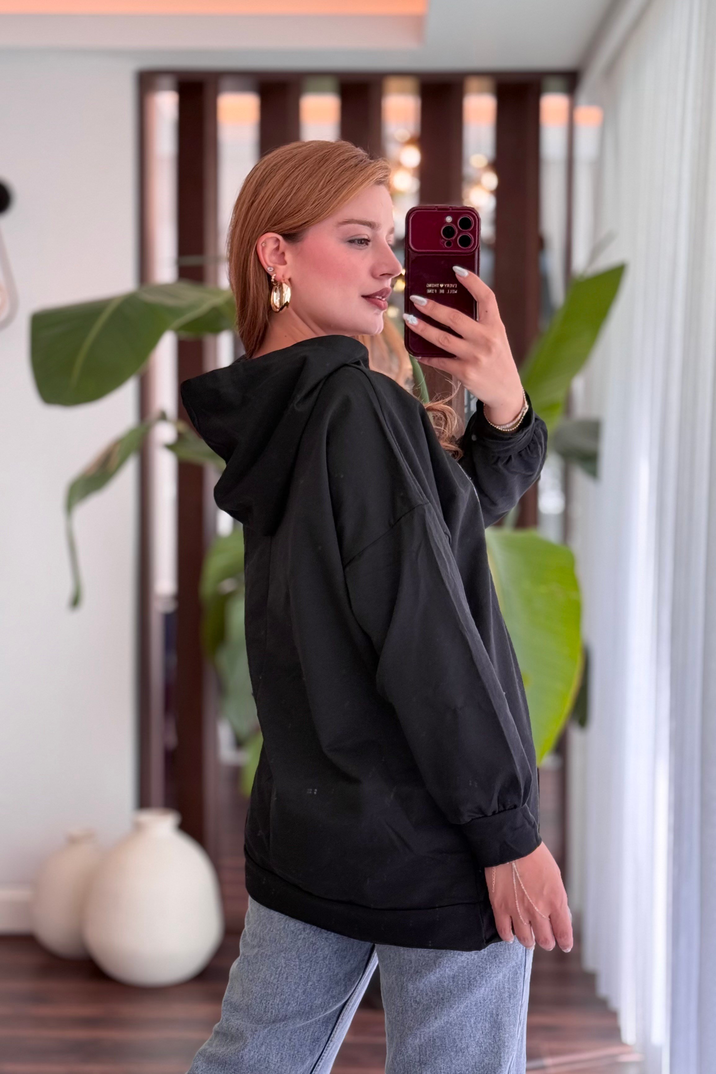 Kadın Kapüşonlu Baskılı Oversize Sweatshirt Siyah