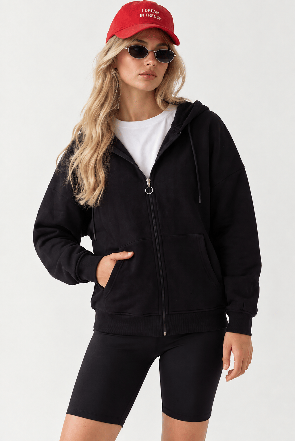 Kadın Kapüşonlu Fermuar Detaylı Cepli Sweatshirt Siyah