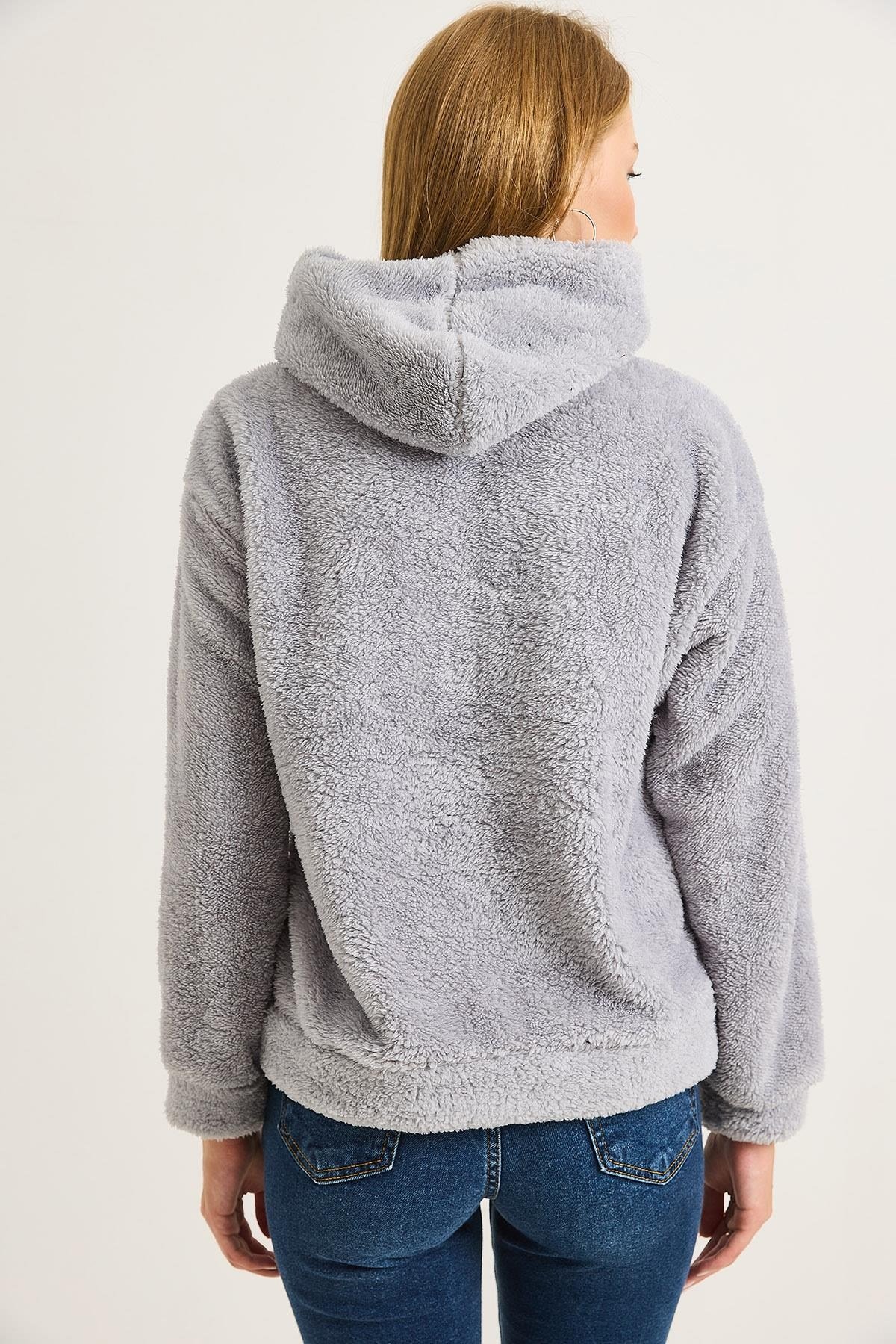 Kadın Kapüşonlu Nakış İşlemeli Peluş Sweatshirt  Gri