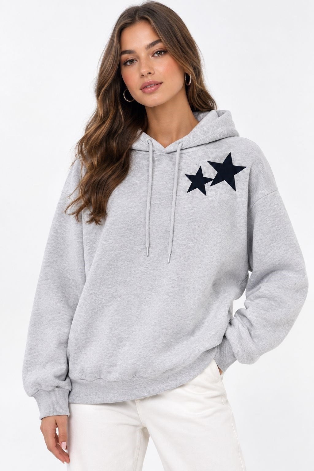Kadın Kapüşonlu Yıldız Baskılı Sweatshirt Gri