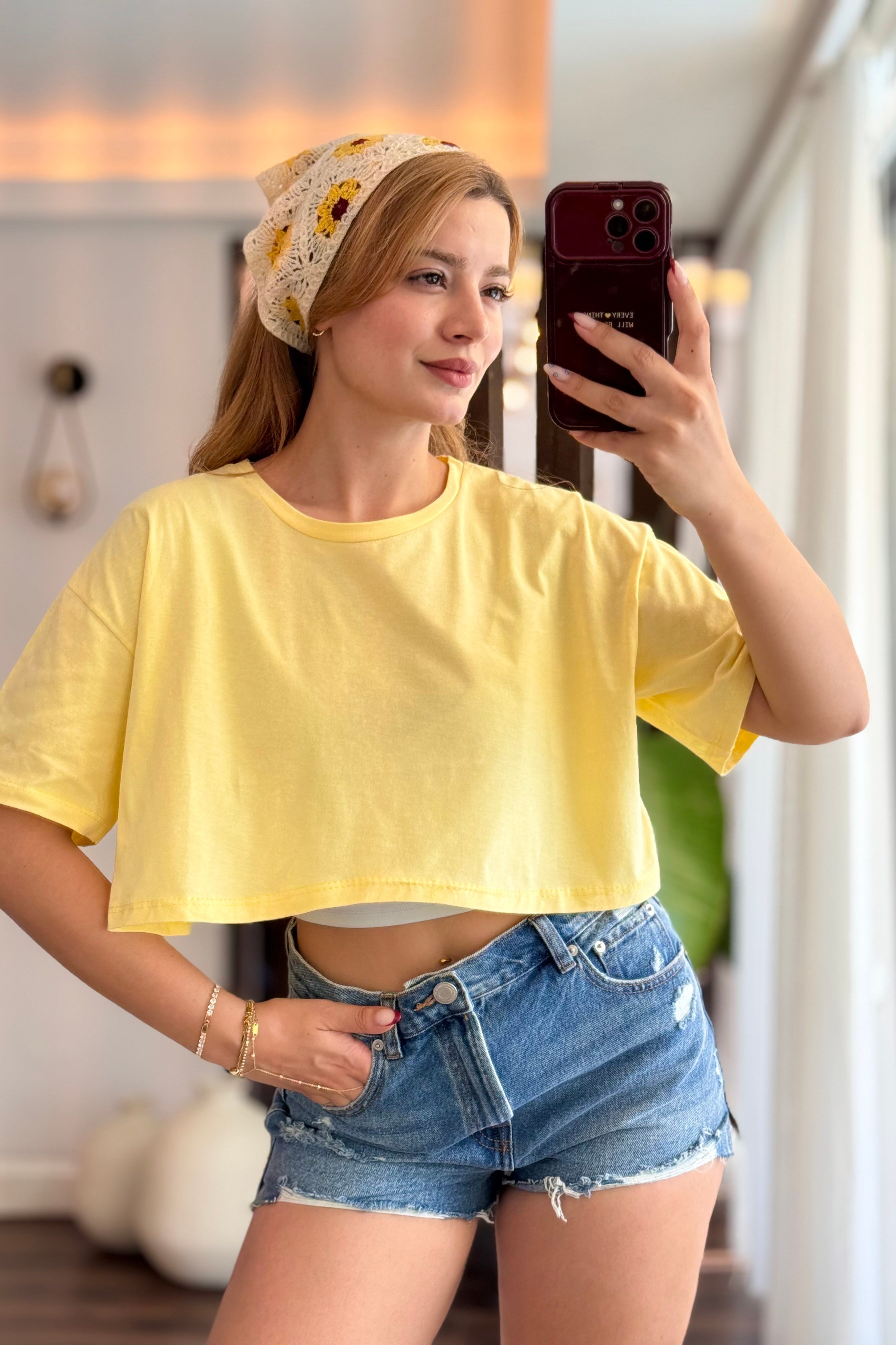 Kadın Kısa Kollu Oversize Bisiklet Yaka Crop Tshirt Sarı