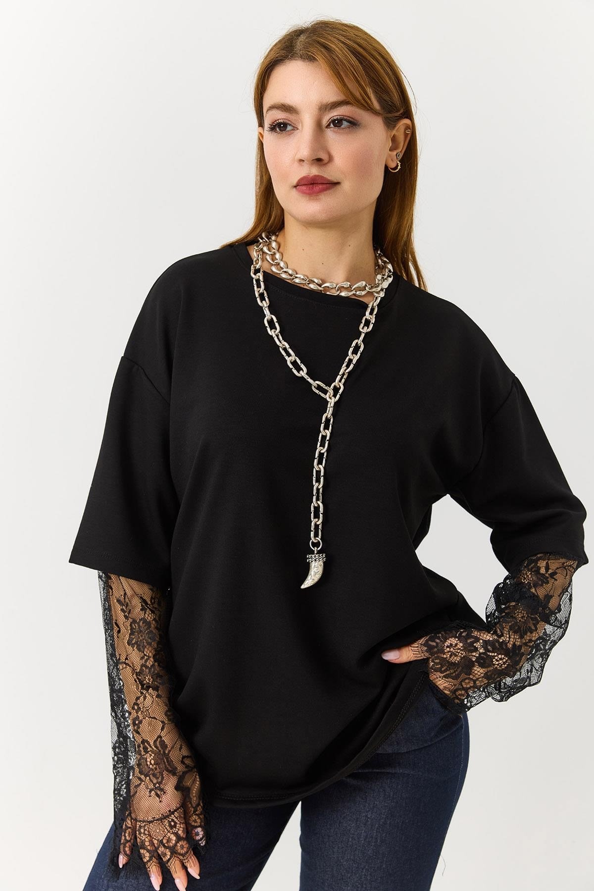 Kadın Kolu Tül Detaylı Oversize Tshirt Siyah