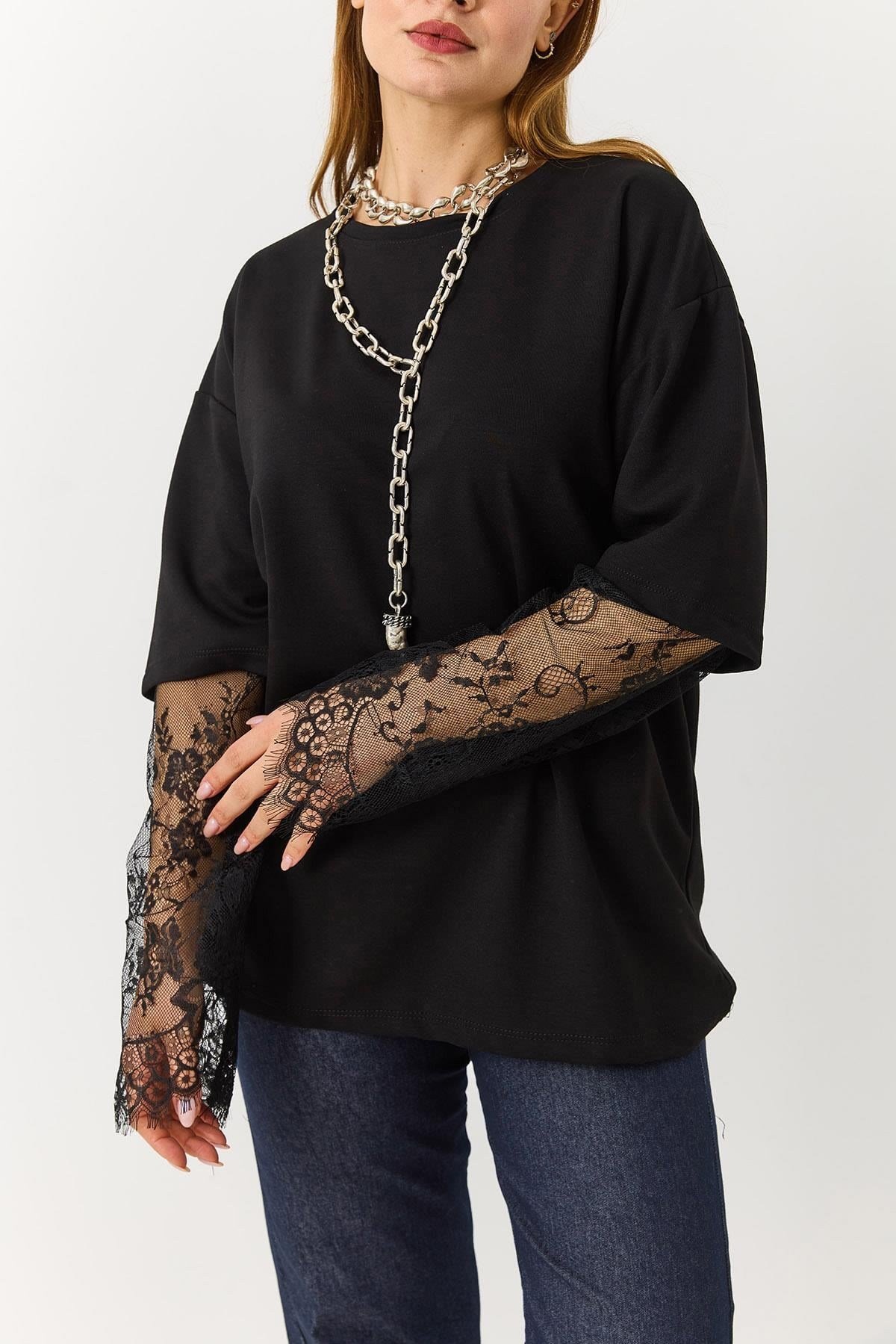 Kadın Kolu Tül Detaylı Oversize Tshirt Siyah
