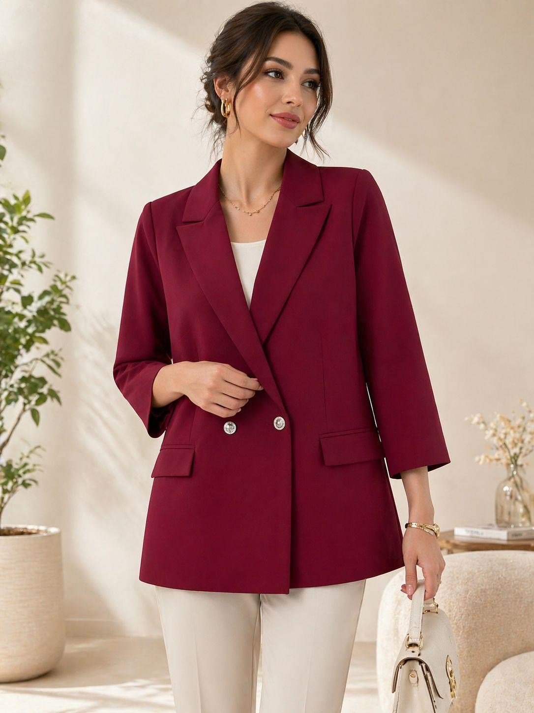 Kadın Kruvaze Yaka Çift Düğmeli Blazer Ceket Bordo