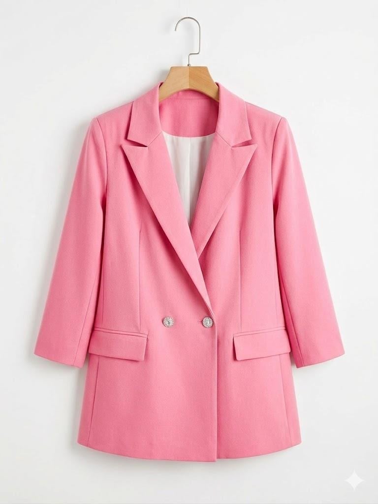 Kadın Kruvaze Yaka Çift Düğmeli Blazer Ceket Pembe