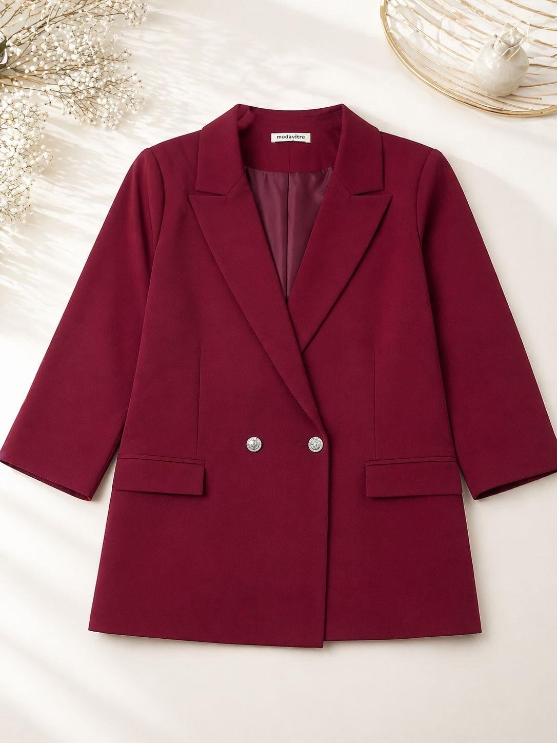 Kadın Kruvaze Yaka Çift Düğmeli Blazer Ceket Bordo