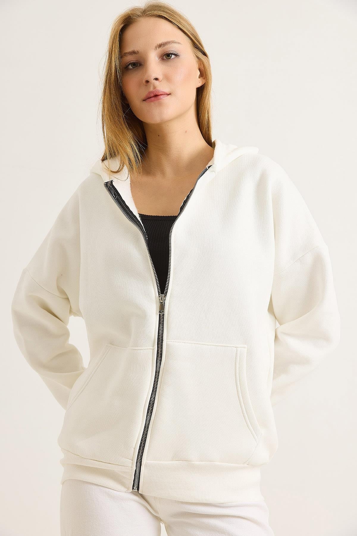 Kadın Oversize Kapüşonlu Fermuarlı Hırka Beyaz