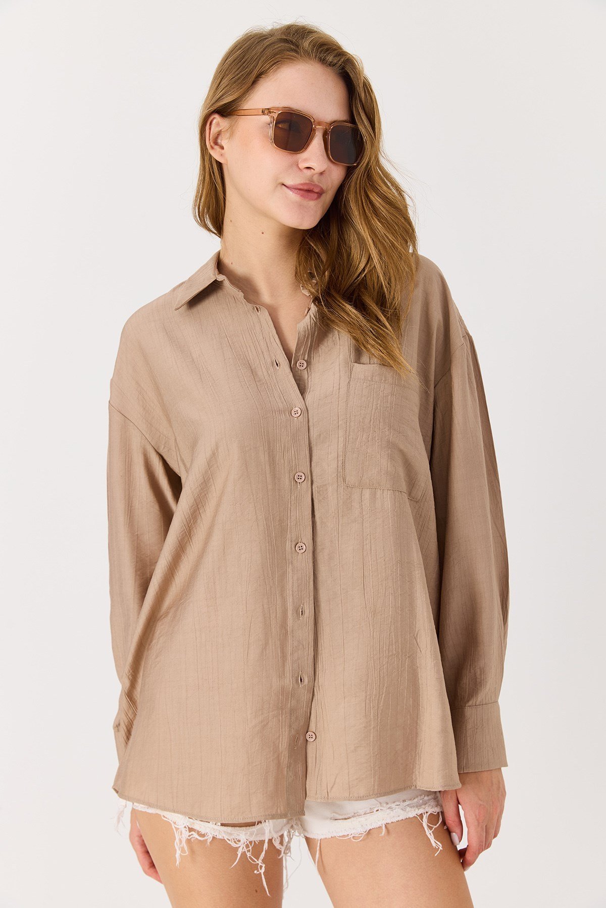 Kadın Oversize Müslin Kumaş Basic Gömlek Kahverengi