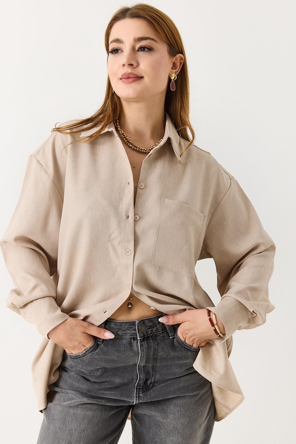 Kadın Oversize Müslin Kumaş Basic Gömlek Bej