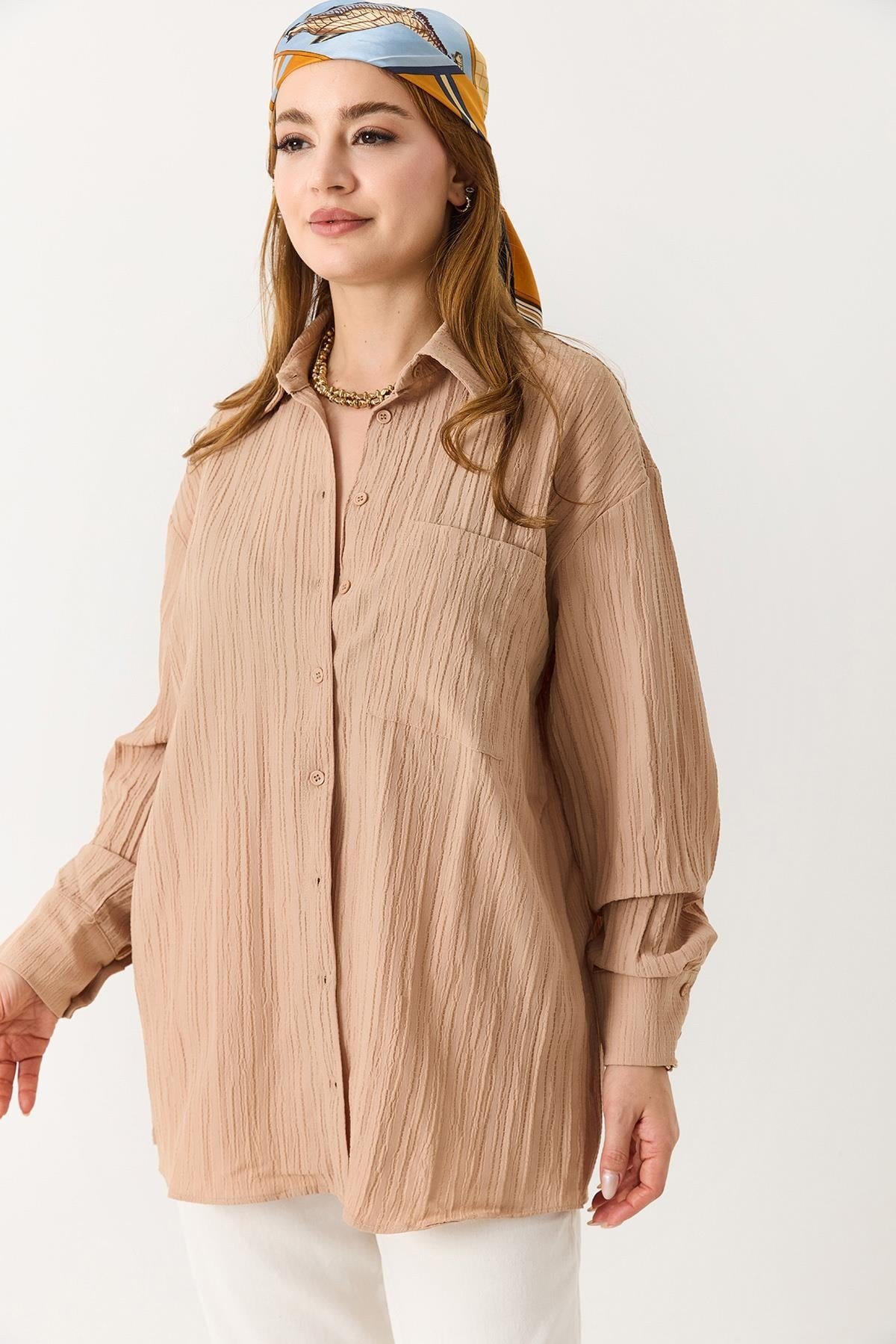 Kadın Oversize Müslin Kumaş Basic Gömlek Camel