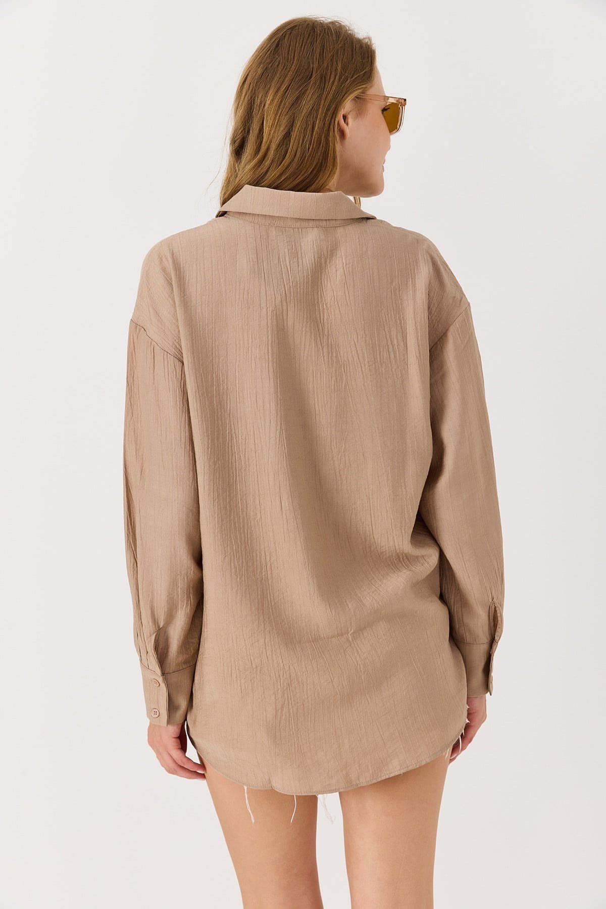 Kadın Oversize Müslin Kumaş Basic Gömlek Kahverengi