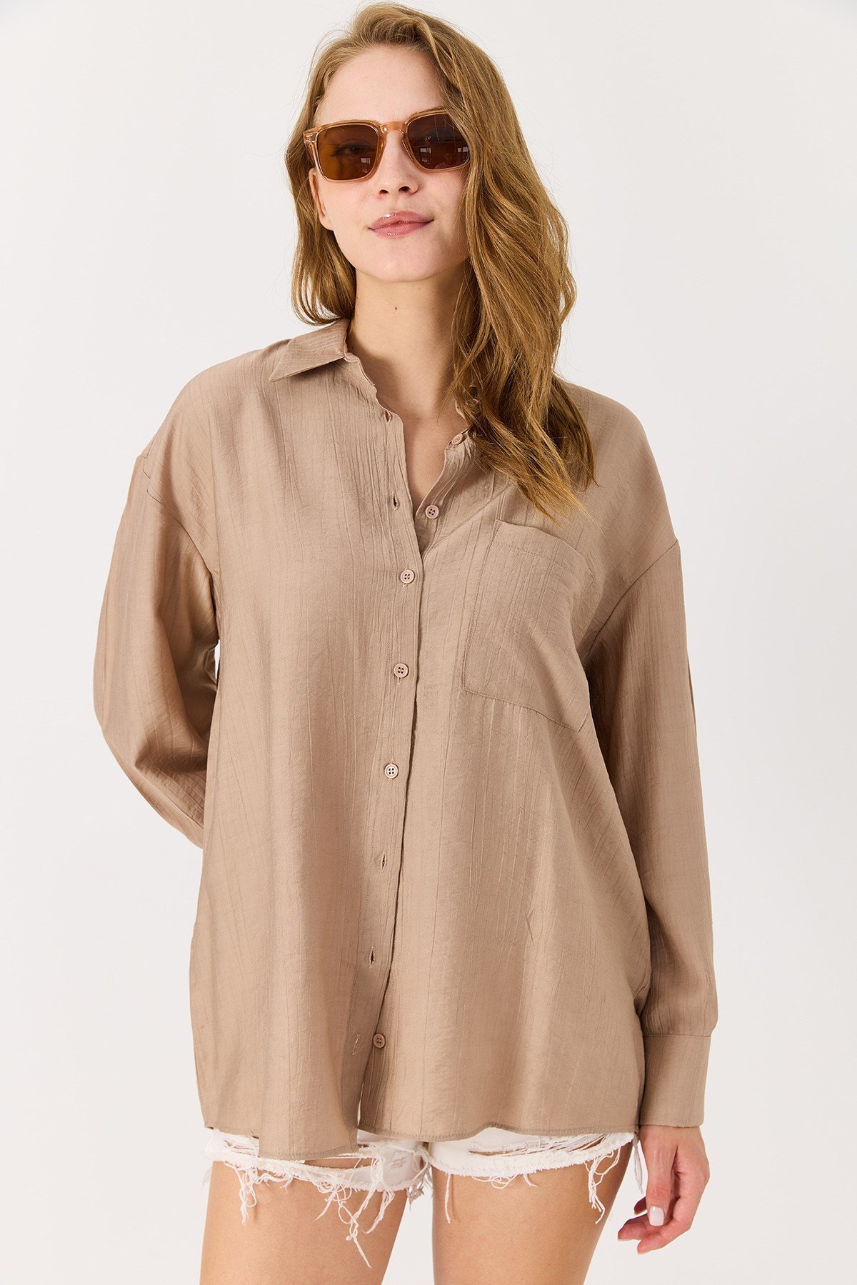 Kadın Oversize Müslin Kumaş Basic Gömlek Kahverengi