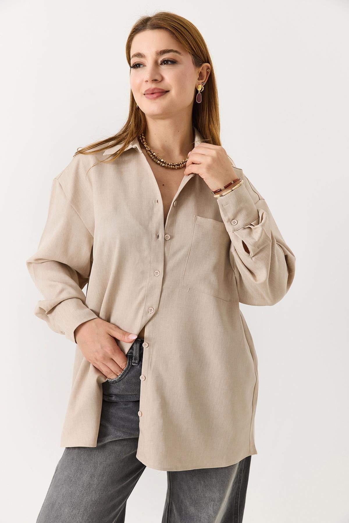 Kadın Oversize Müslin Kumaş Basic Gömlek Bej