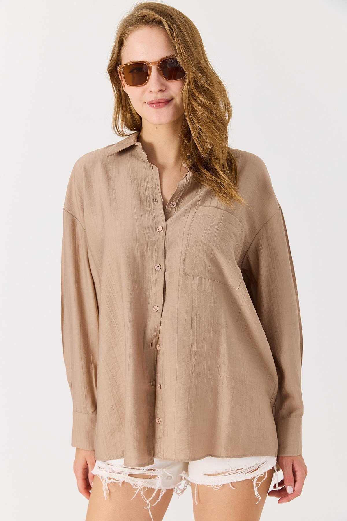 Kadın Oversize Müslin Kumaş Basic Gömlek Kahverengi