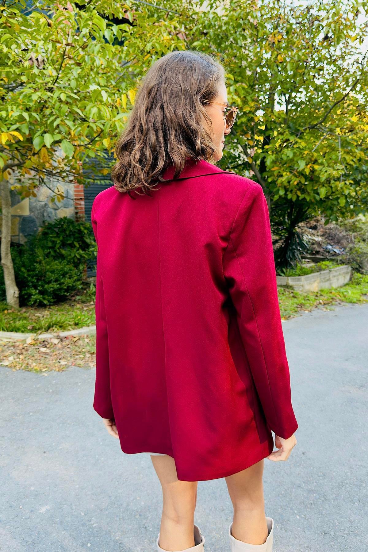 Kadın Oversize Spor ve Şık Tek Düğmeli Ceket Kırmızı