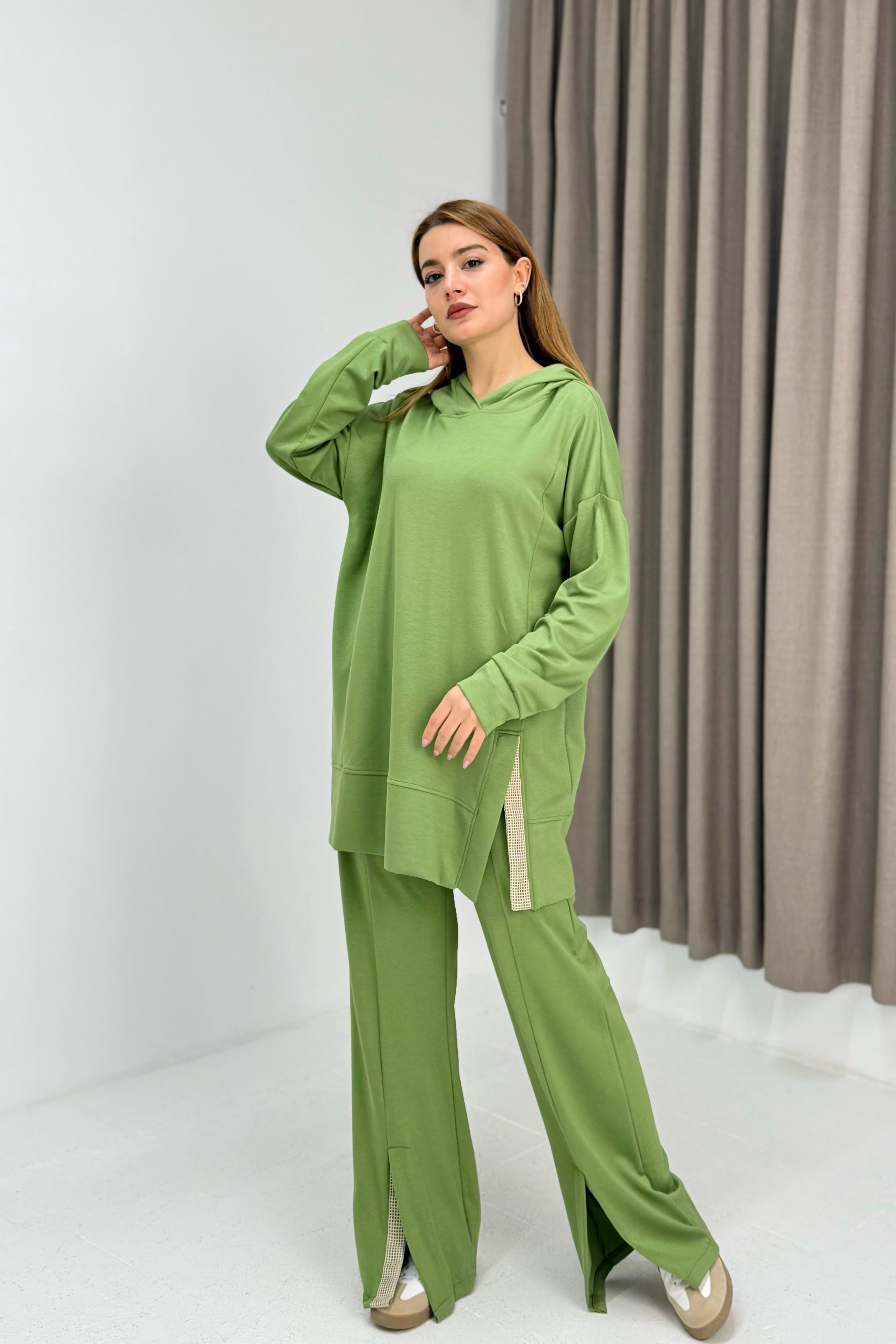 Kadın Paça Detaylı Kapüşonlu Oversize Eşofman Takım Yeşil