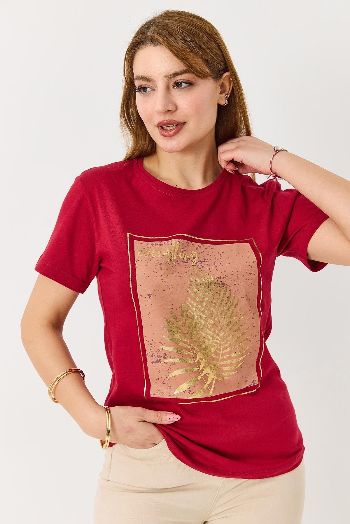 Kadın Palmiye Parlak Baskılı Tshirt Bordo