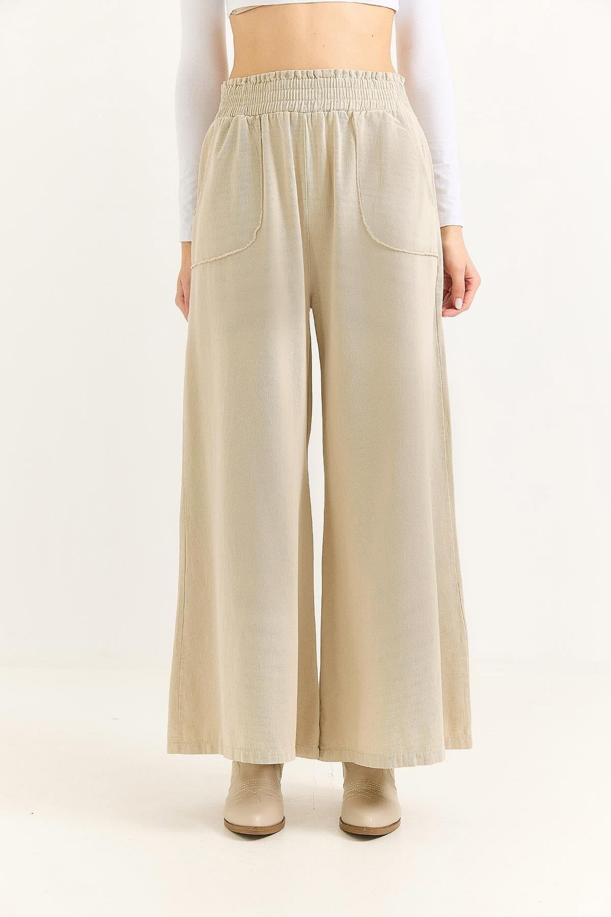 Kadın Pantalon Geniş Paça Cepleri Dikiş Detaylı  Pantalon Bej