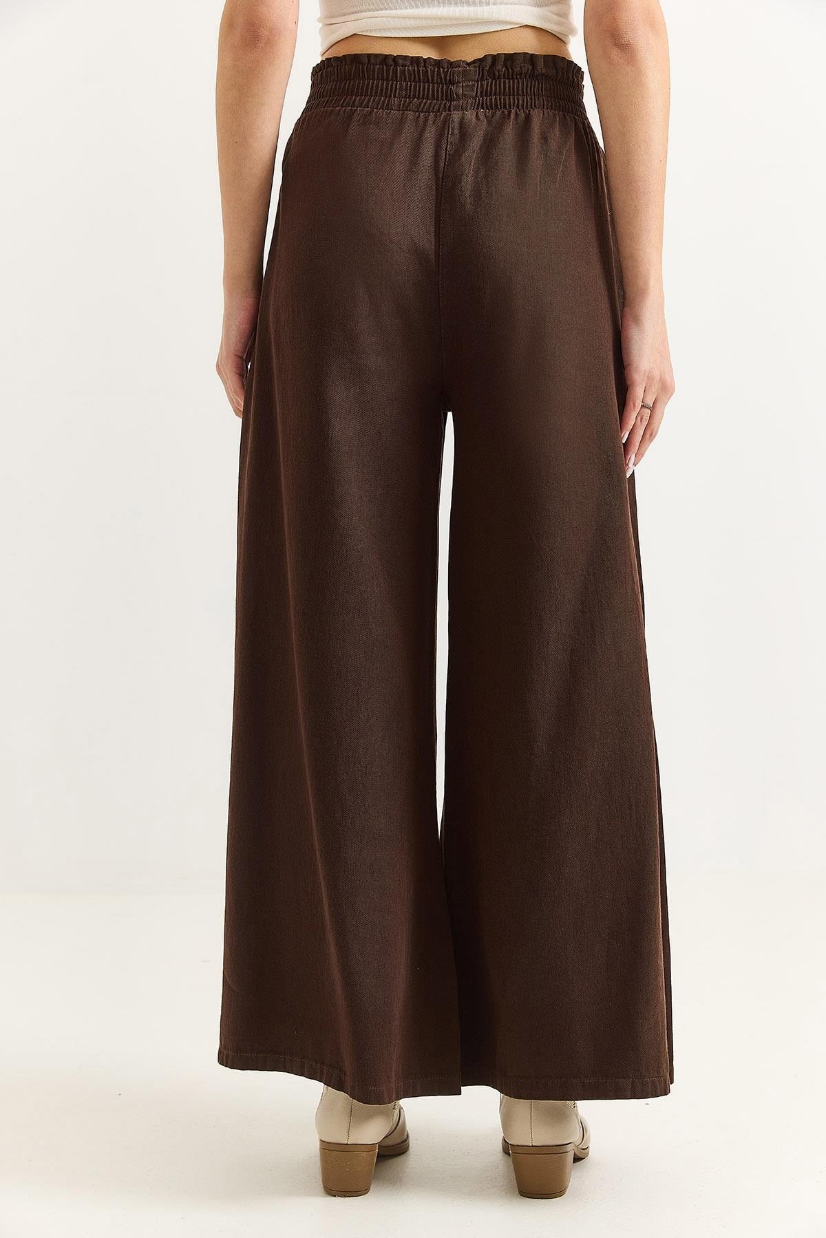 Kadın Pantalon Geniş Paça Cepleri Dikiş Detaylı  Pantalon Kahverengi
