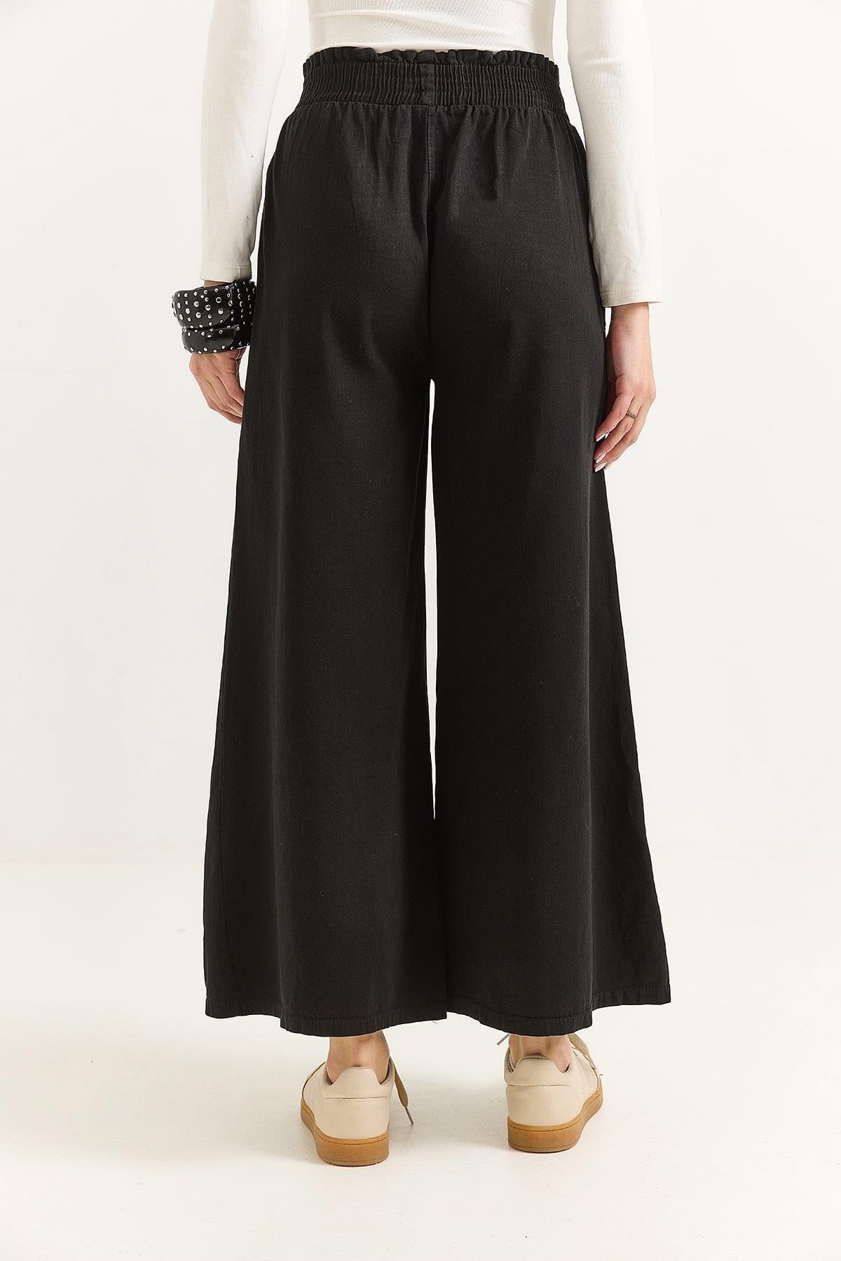 Kadın Pantalon Geniş Paça Cepleri Dikiş Detaylı  Pantalon Siyah