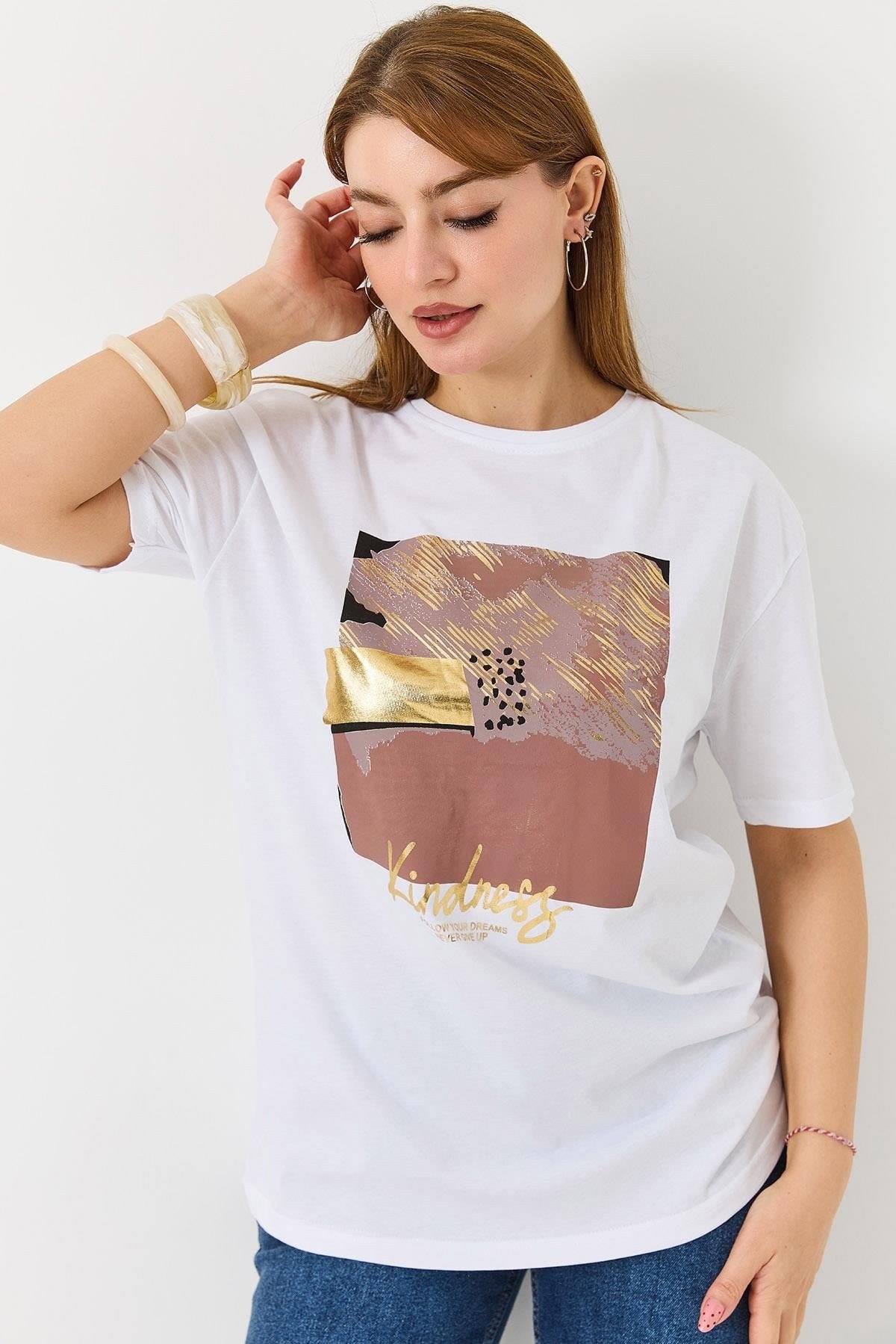 Kadın Parlak Baskılı Bisiklet Yaka Tshirt Beyaz