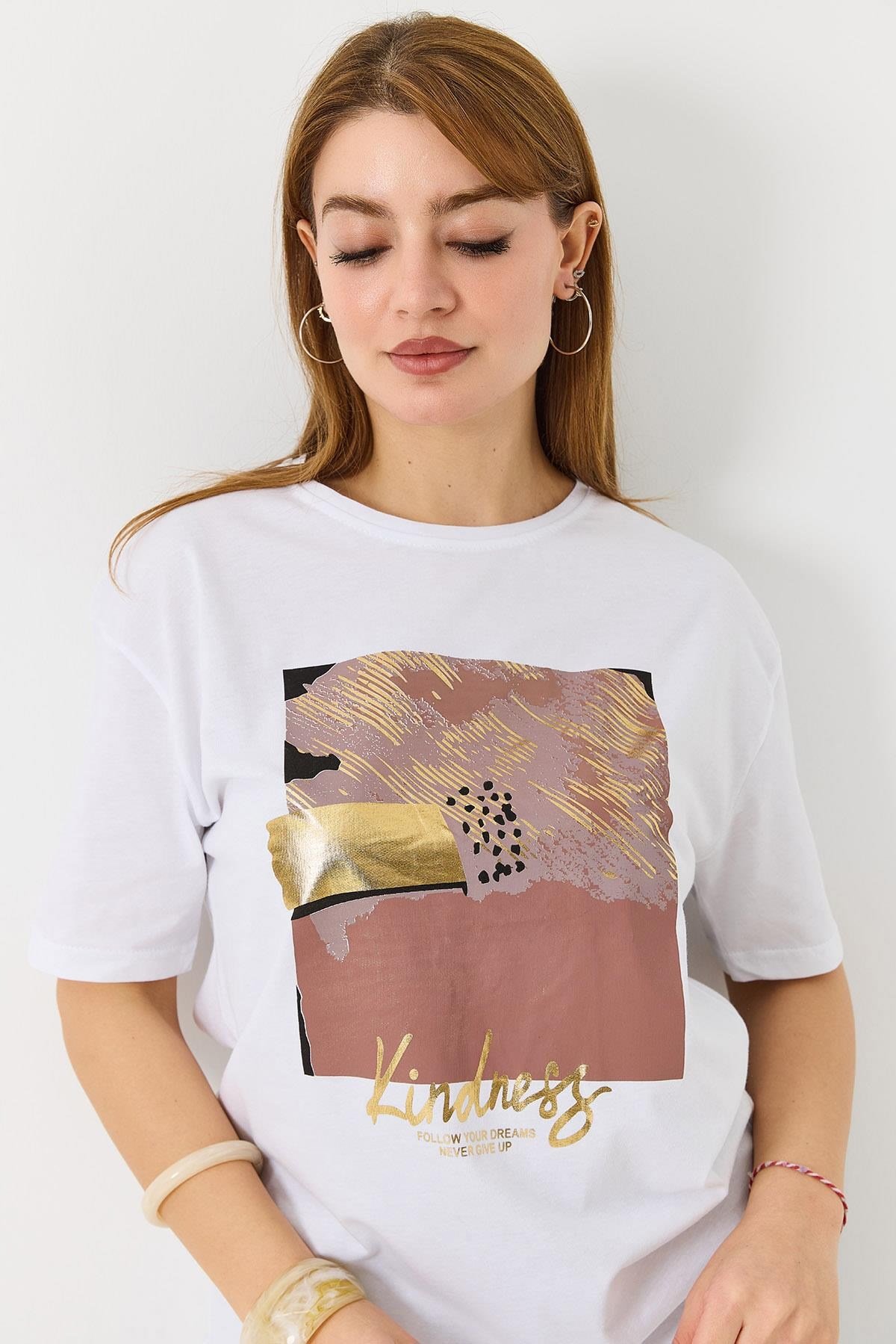 Kadın Parlak Baskılı Bisiklet Yaka Tshirt Beyaz