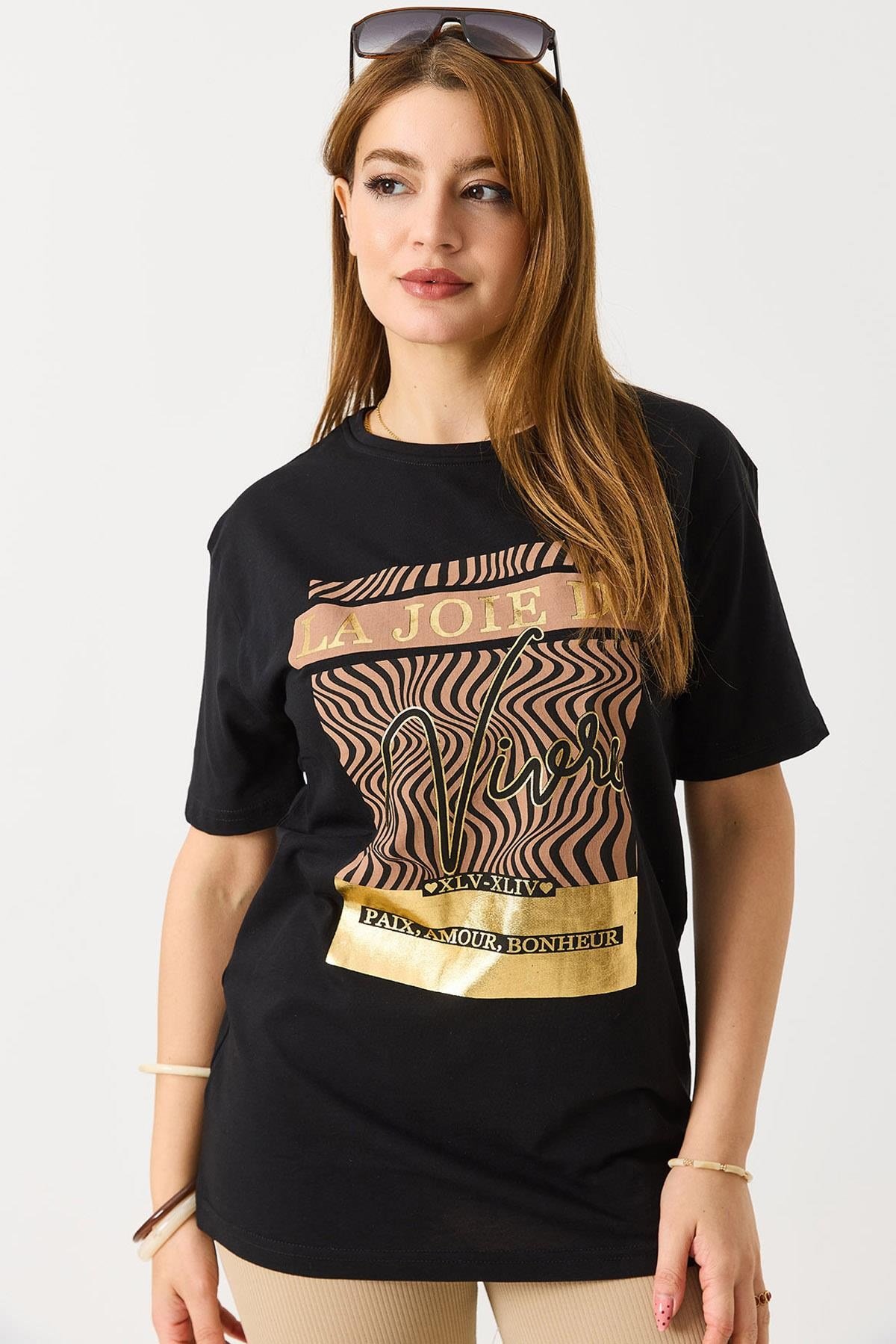 Kadın Parlak Yazılı Baskılı Tshirt Siyah