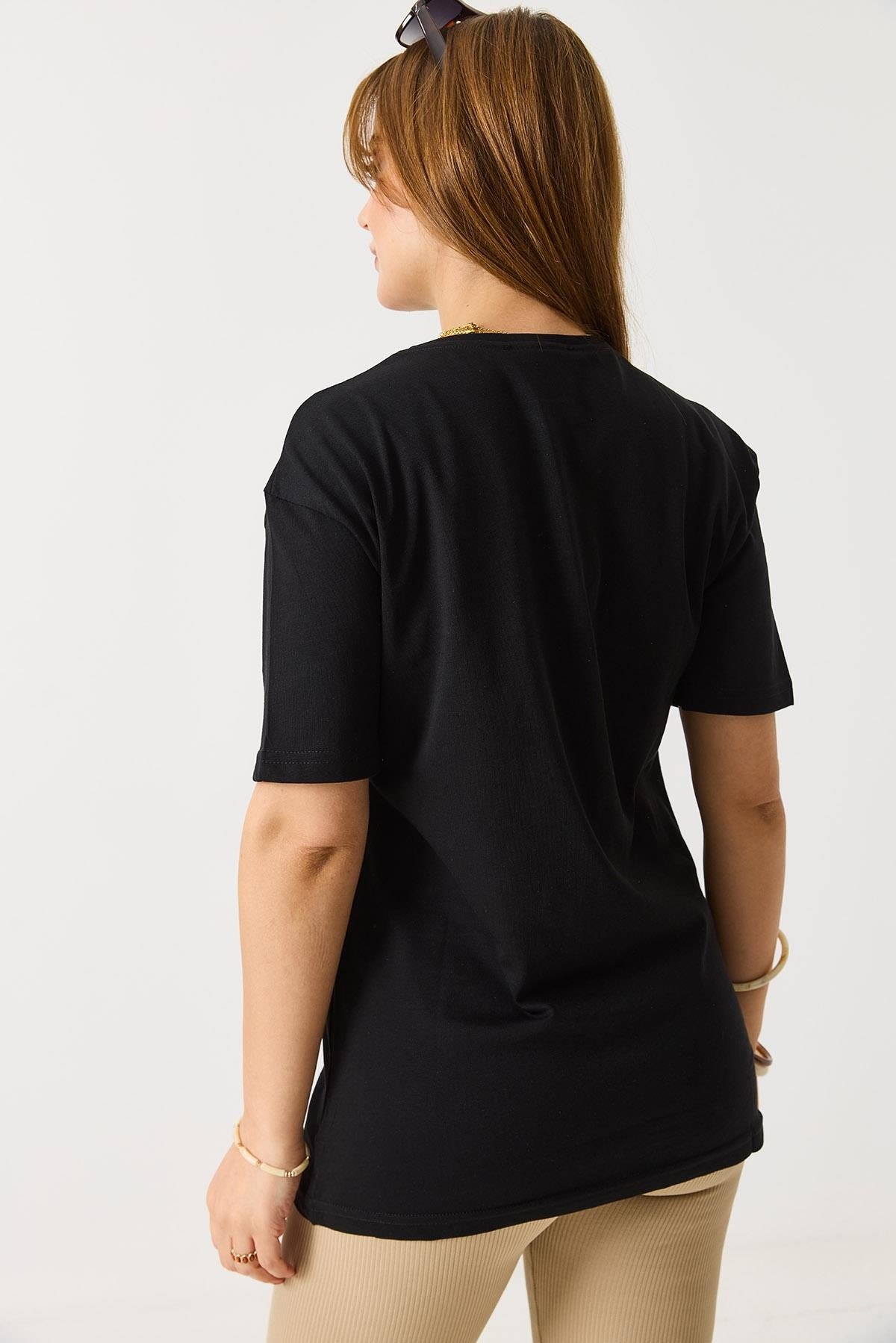 Kadın Parlak Yazılı Baskılı Tshirt Siyah