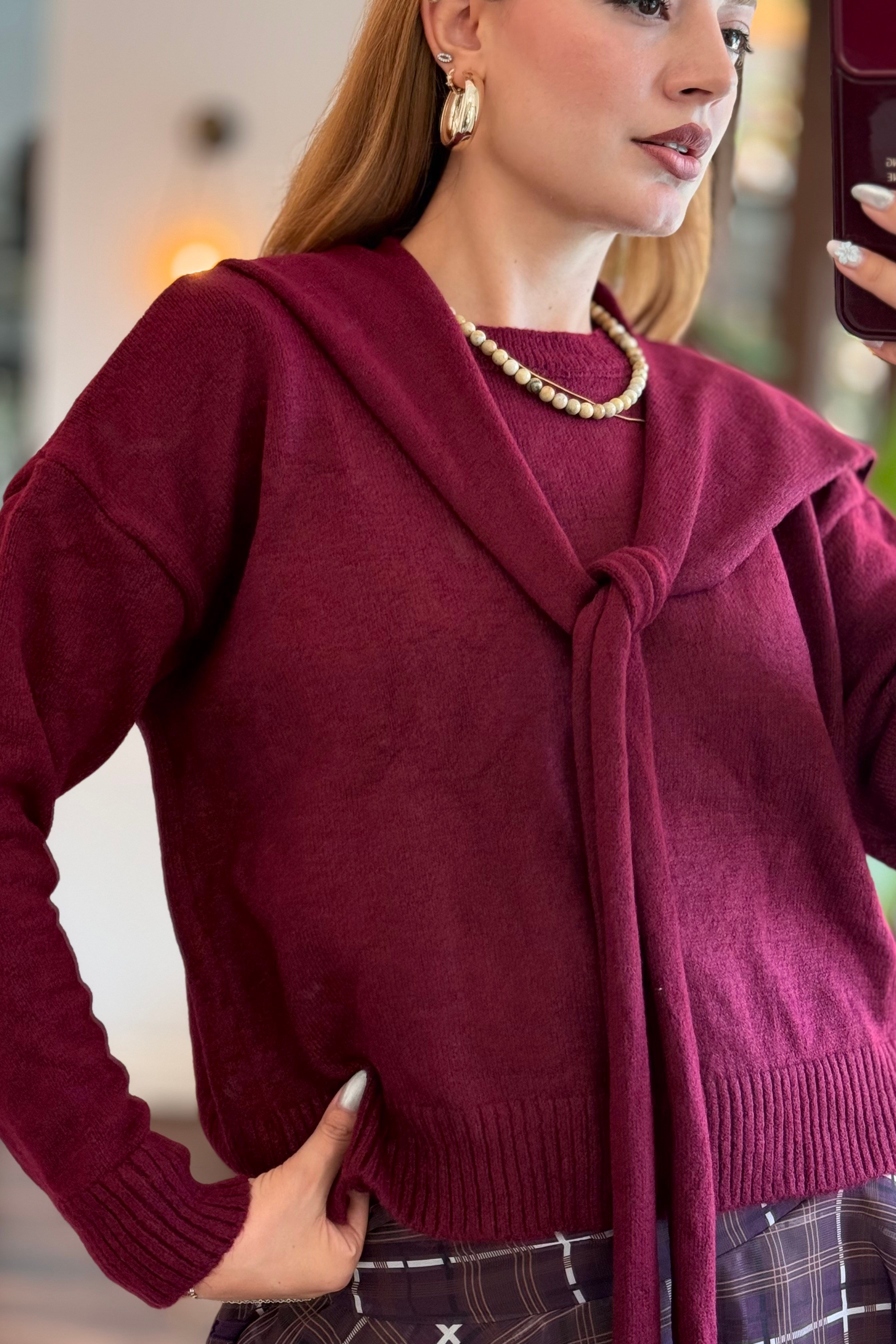 Kadın Patchwork Triko Kazak Bordo