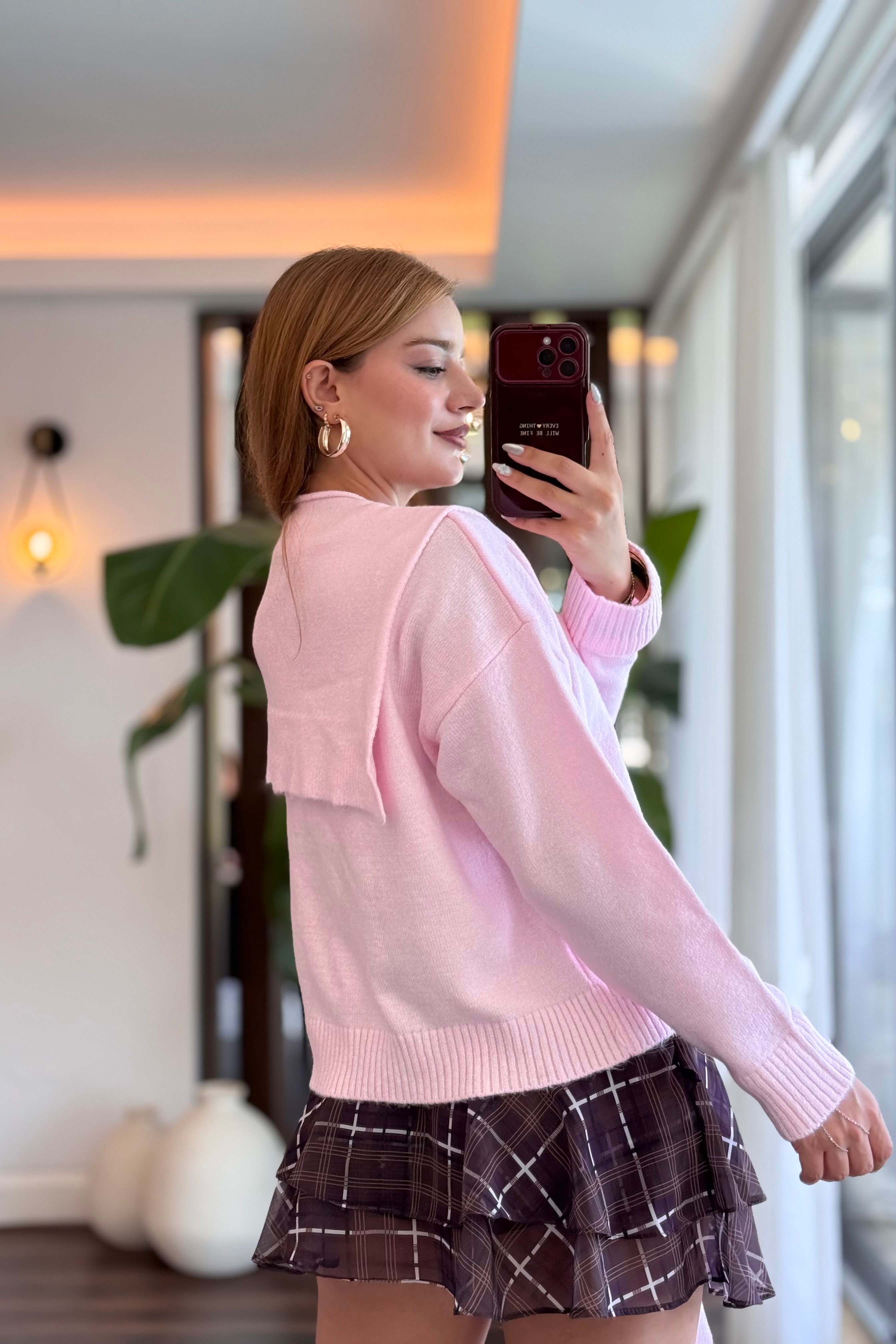 Kadın Patchwork Triko Kazak Pembe
