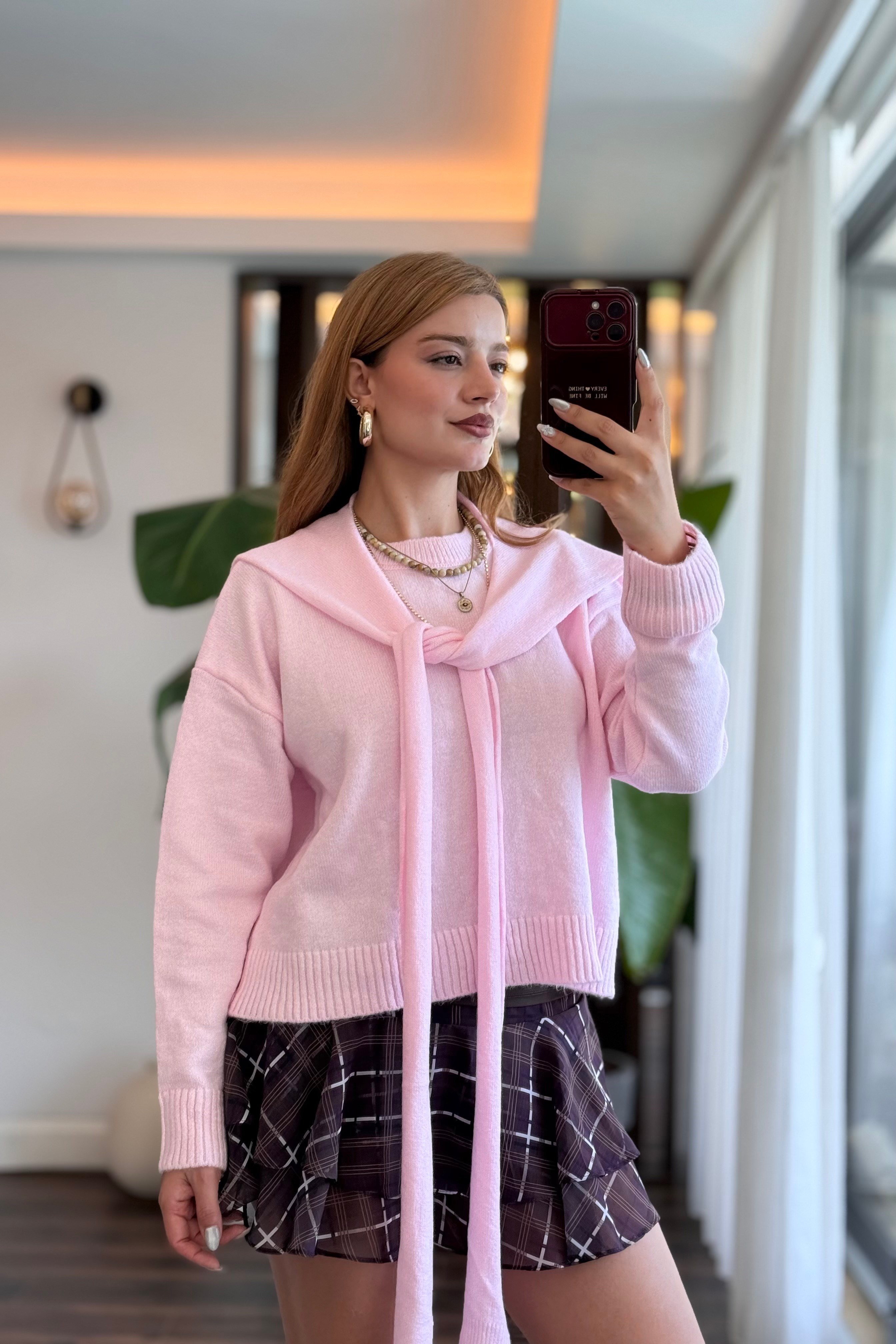 Kadın Patchwork Triko Kazak Pembe