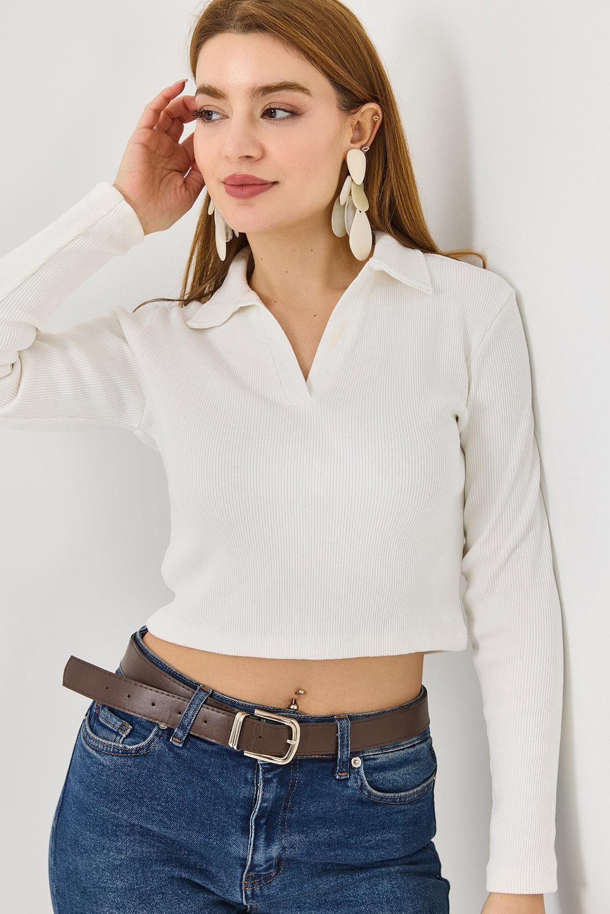 Kadın Polo Yaka Fitilli Crop Bluz Bej