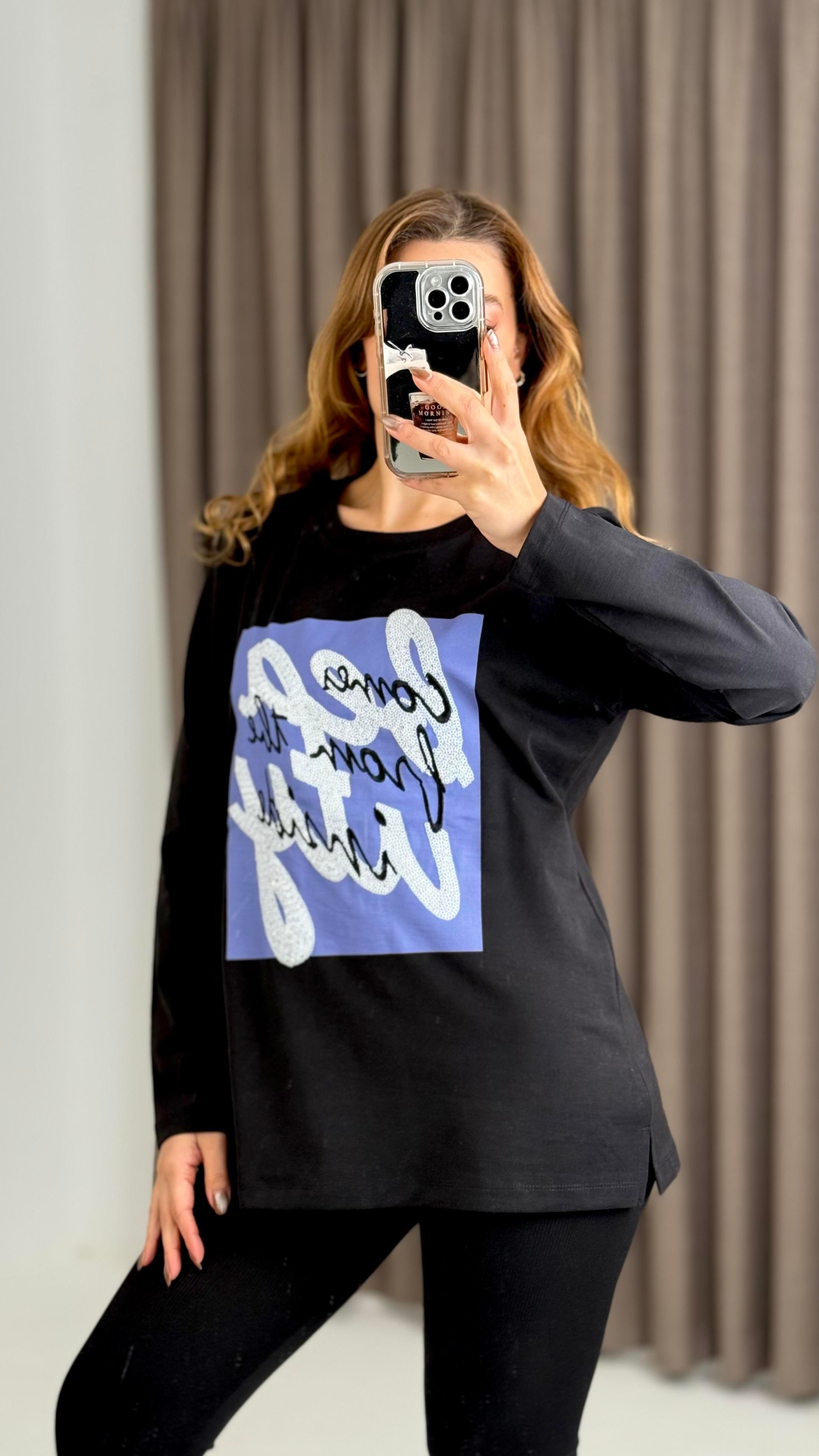 Kadın Siyah Baskılı Uzun Kollu Tshirt