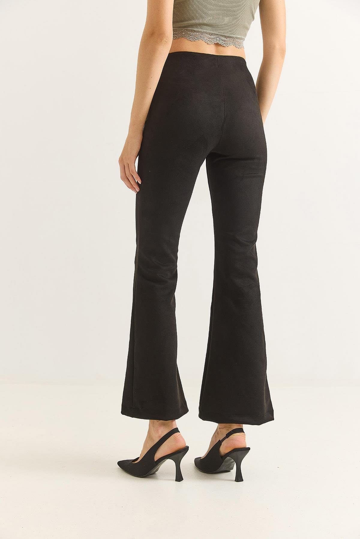 Kadın Süet İspanyol Paça Şık Pantalon Siyah