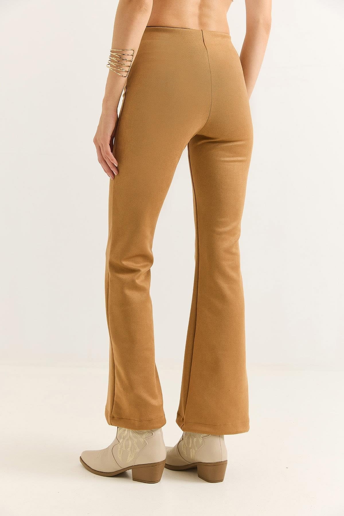 Kadın Süet İspanyol Paça Şık Pantalon Vizon