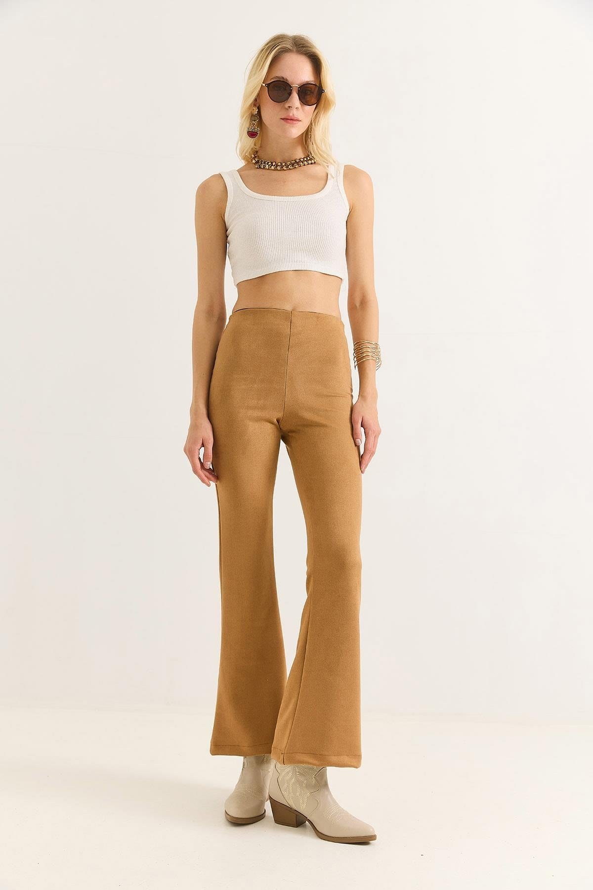 Kadın Süet İspanyol Paça Şık Pantalon Vizon
