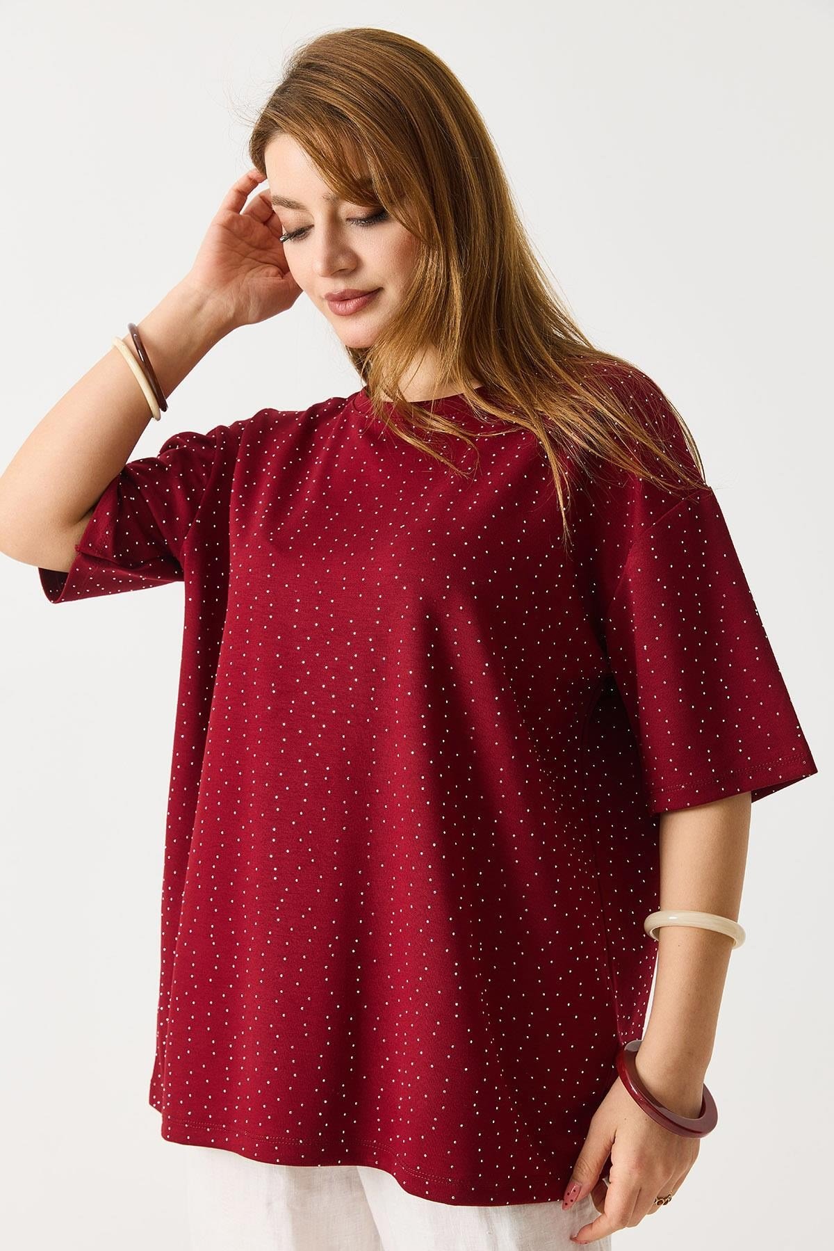 Kadın Taş Detaylı Bisiklet Yaka Oversize Tshirt Bordo