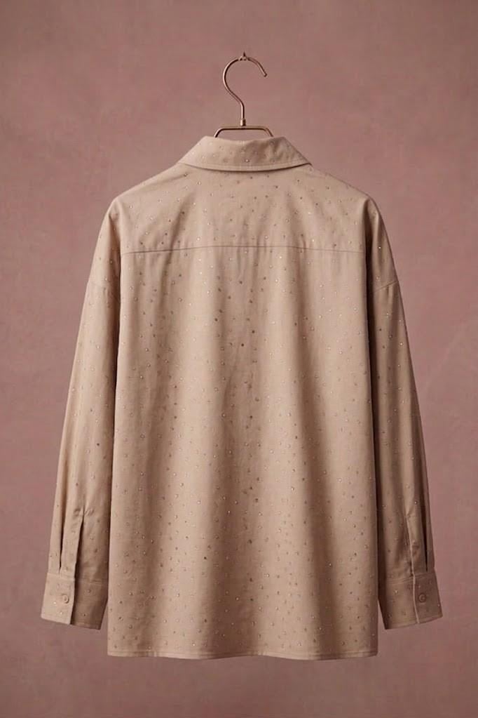 Kadın Taş Detaylı Oversize Şık Gömlek Vizon