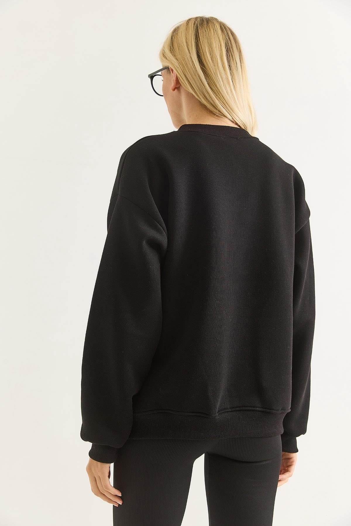 Kadın Üç İplik Leopar Baskılı Sweatshirt Siyah