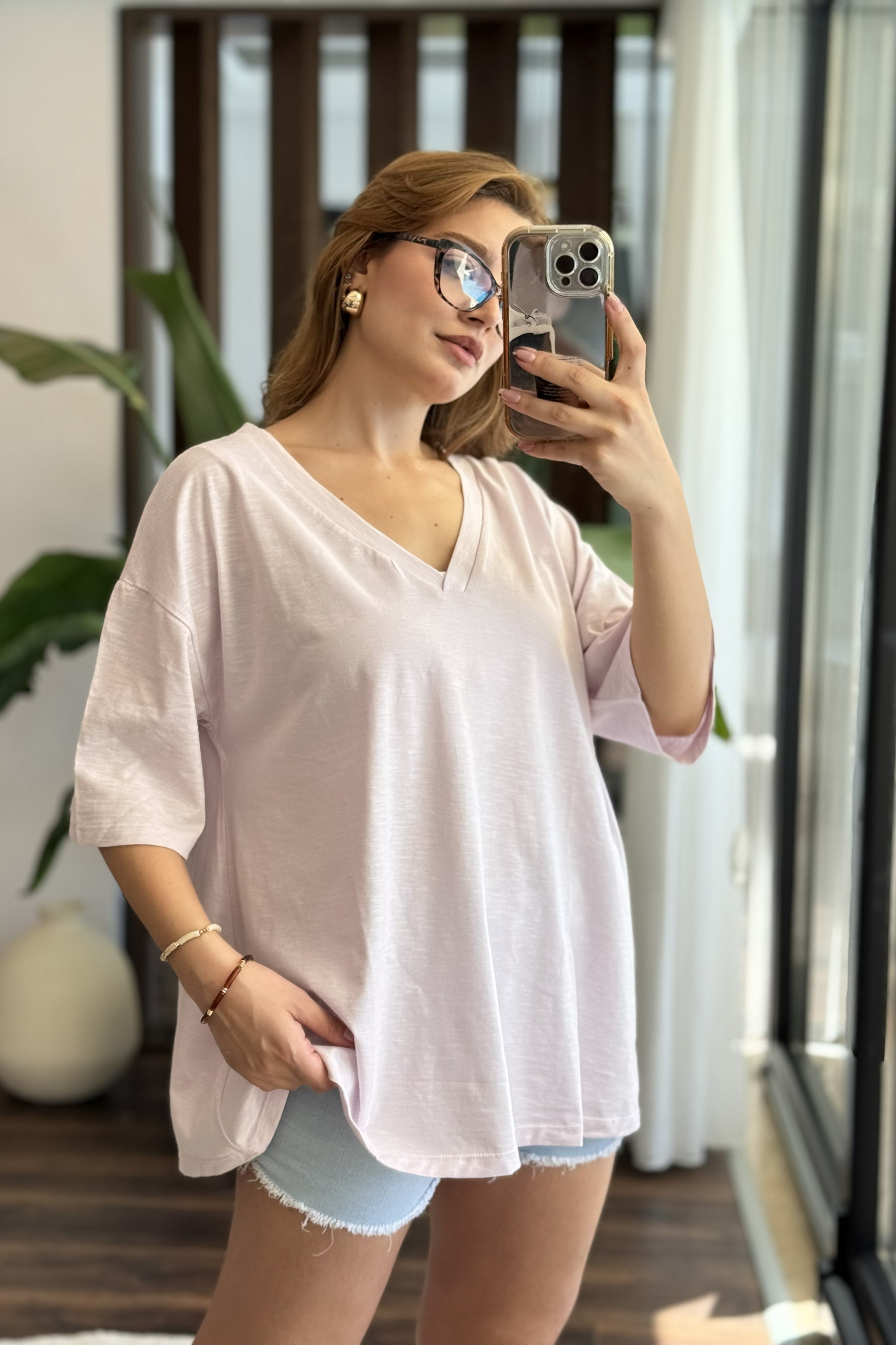Kadın V Yaka Oversize Salaş Tshirt Lila