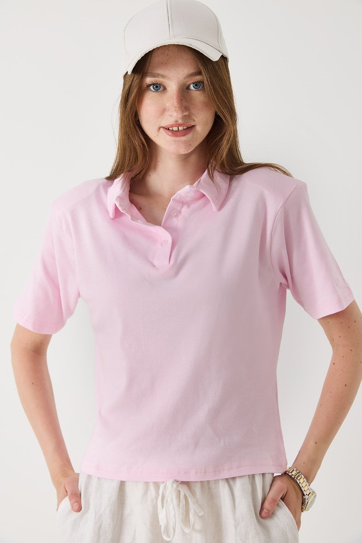 Kadın Vatkalı Polo Yaka Tshirt Pembe