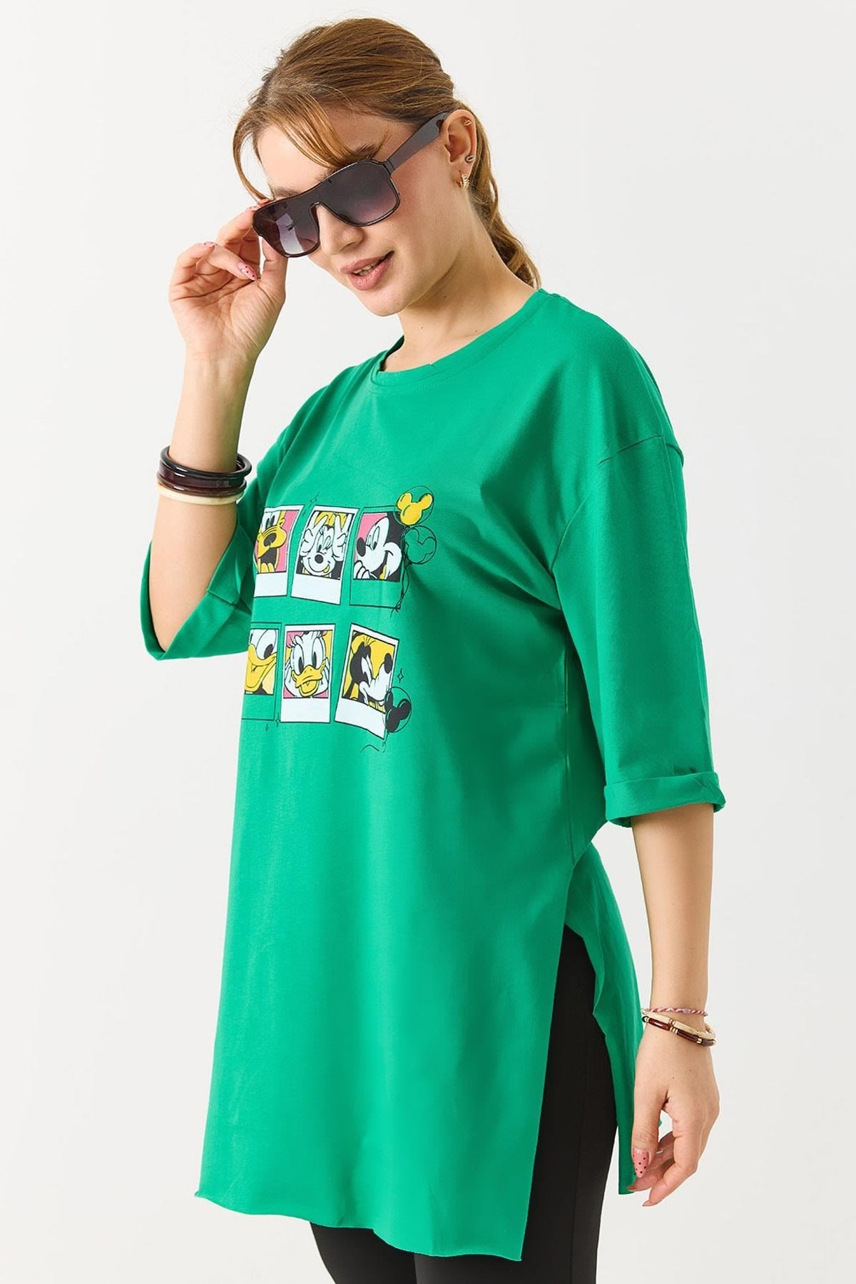 Kadın Yanı Yırtmaçlı Oversize Basic Tshirt Yeşil