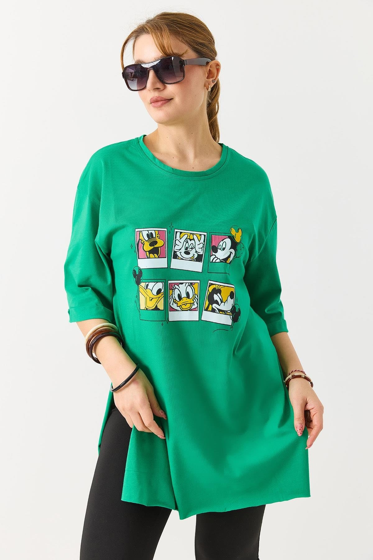 Kadın Yanı Yırtmaçlı Oversize Basic Tshirt Yeşil