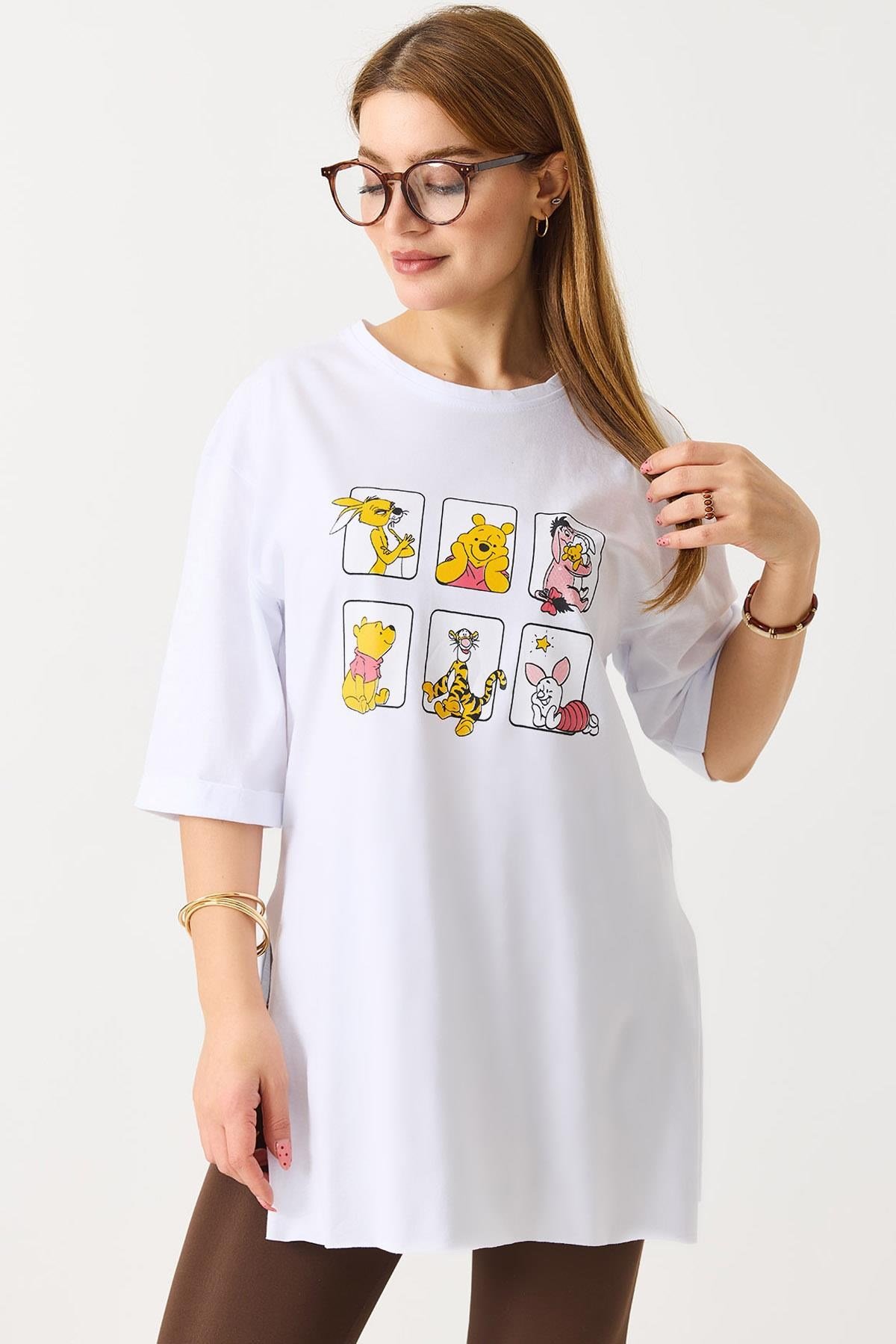Kadın Yanı Yırtmaçlı Oversize Basic Tshirt Beyaz
