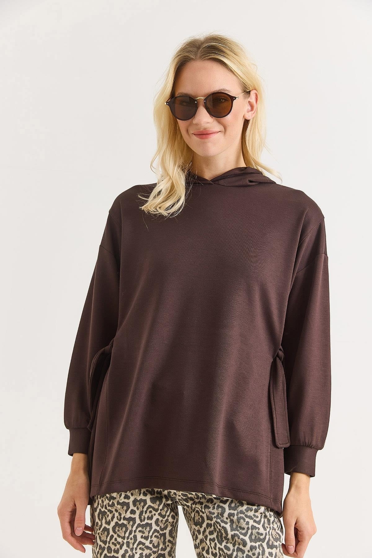 Kadın Yanları Bağlamalı Oversize Modal Tunik Kahverengi